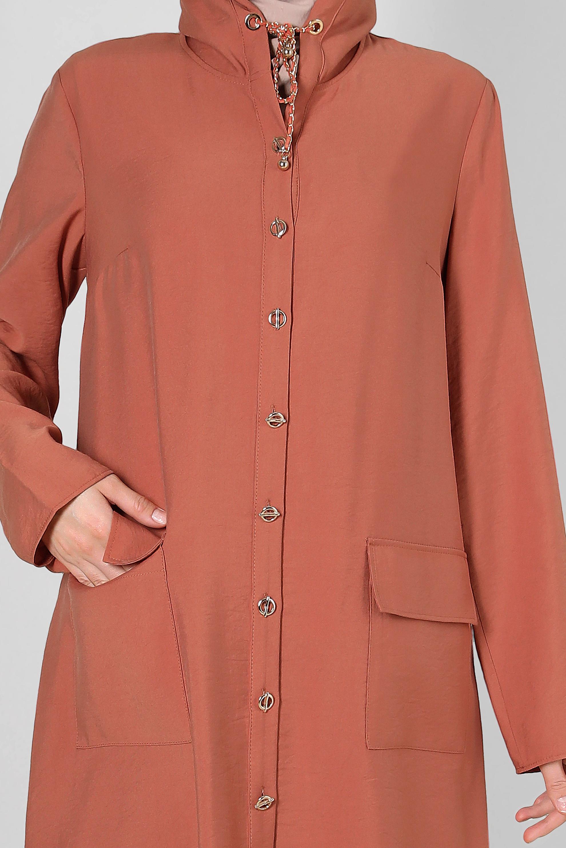 Tesettür giyim TURUNCU KAPÜŞONU BÜZMELİ DÜĞMELİ TUNİK 43814