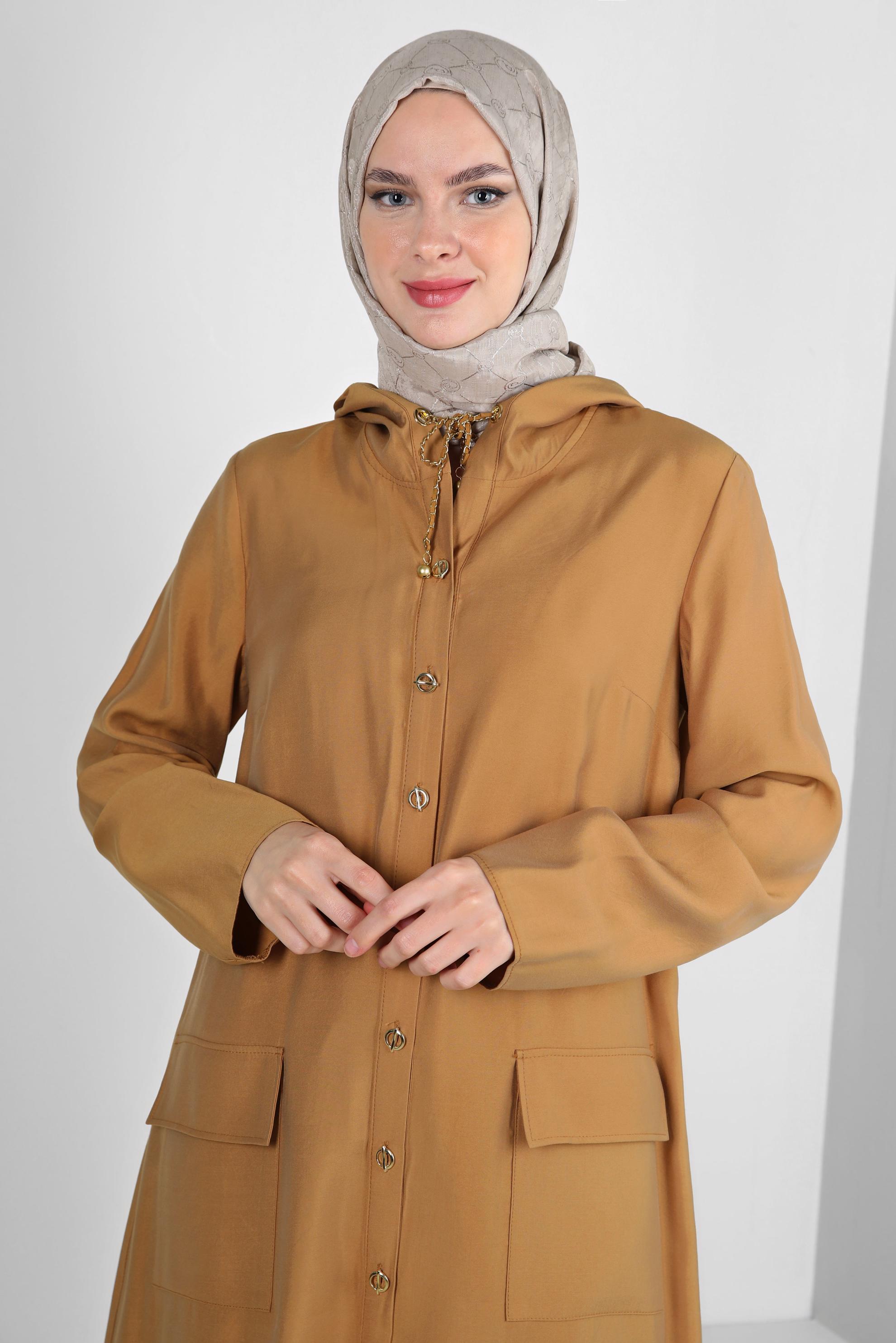 Tesettür giyim SARI KAPÜŞONU BÜZMELİ DÜĞMELİ TUNİK 43814