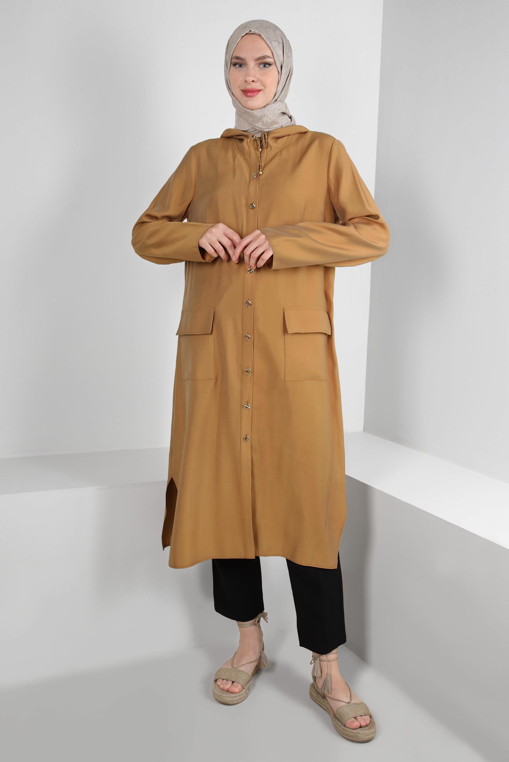 Tesettür giyim SARI KAPÜŞONU BÜZMELİ DÜĞMELİ TUNİK 43814