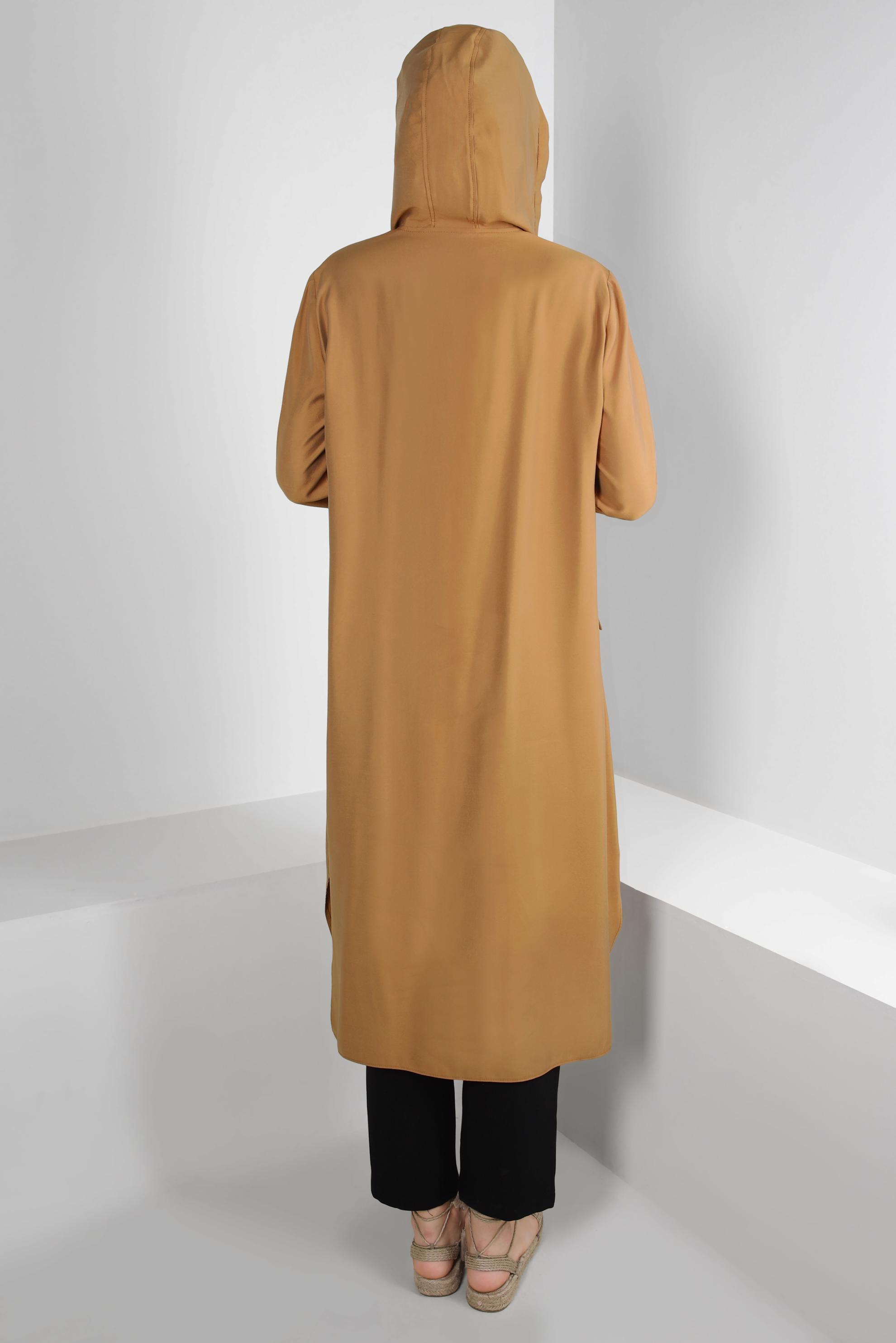 Tesettür giyim SARI KAPÜŞONU BÜZMELİ DÜĞMELİ TUNİK 43814