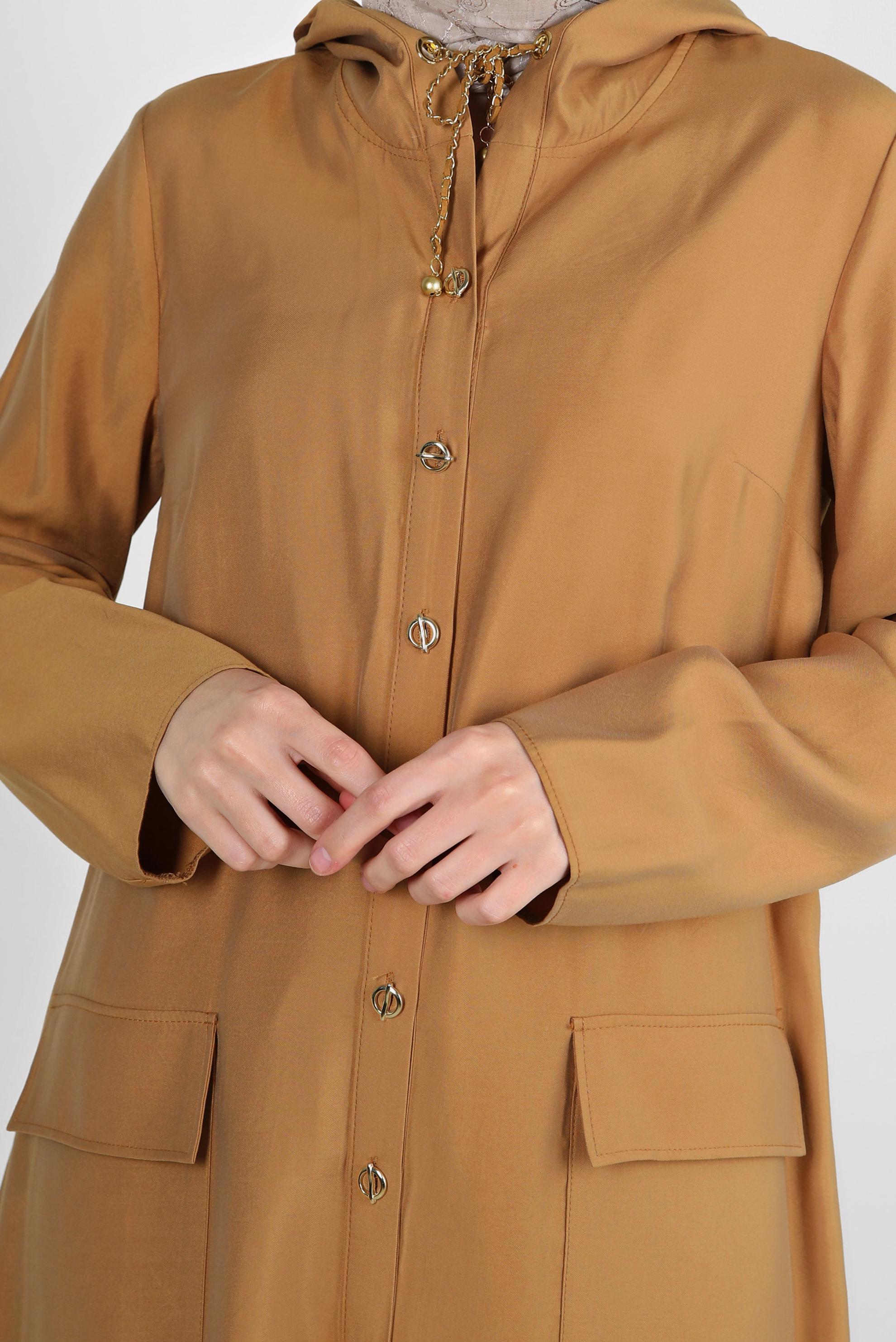 Tesettür giyim SARI KAPÜŞONU BÜZMELİ DÜĞMELİ TUNİK 43814