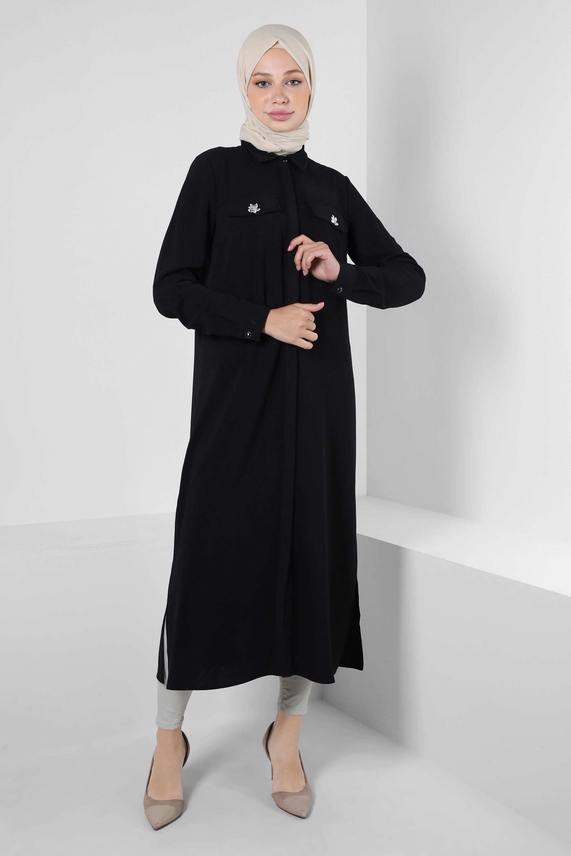 Tesettür giyim SİYAH GÖMLEK YAKA TAŞ DETAYLI TUNİK 43815