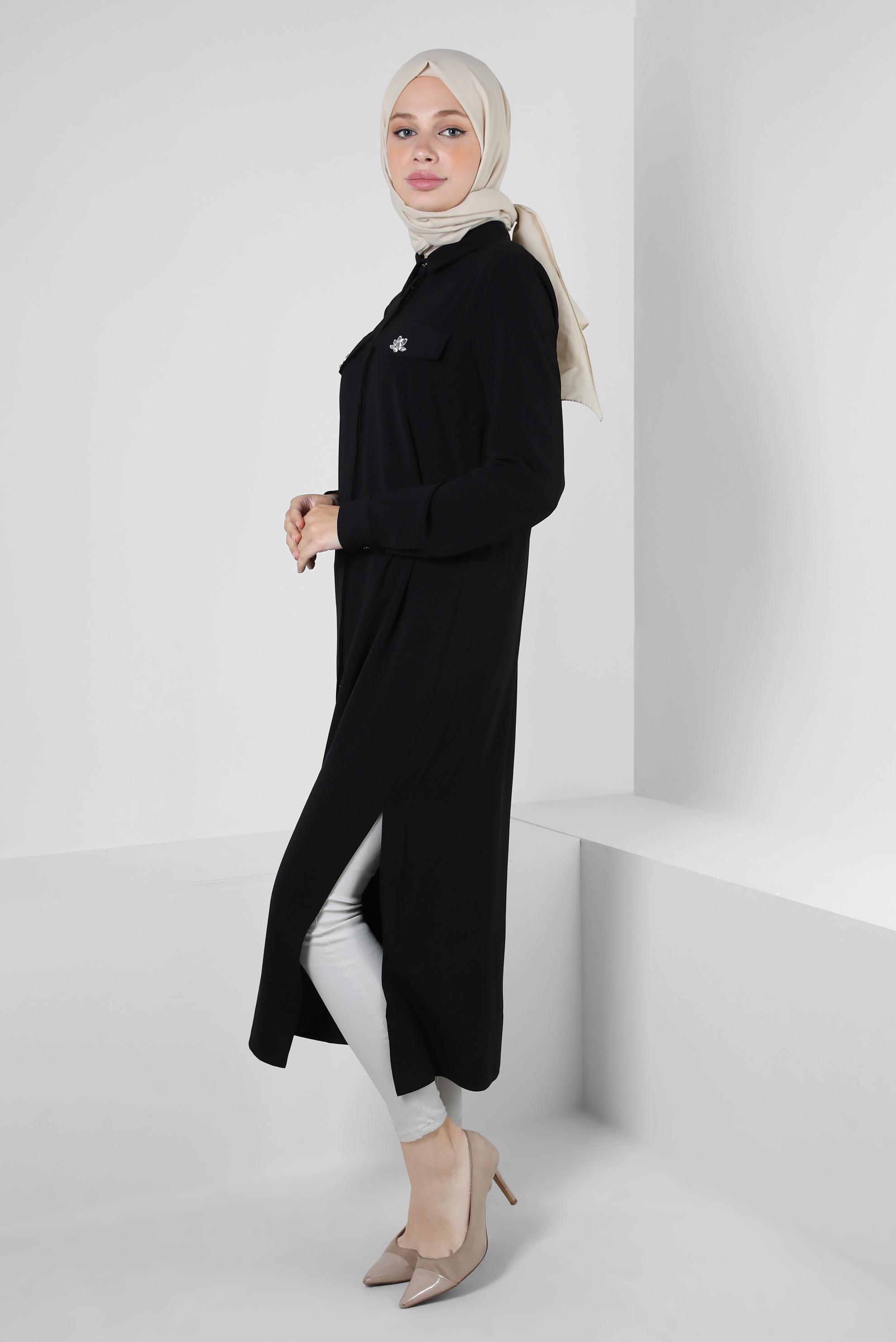 Tesettür giyim SİYAH GÖMLEK YAKA TAŞ DETAYLI TUNİK 43815