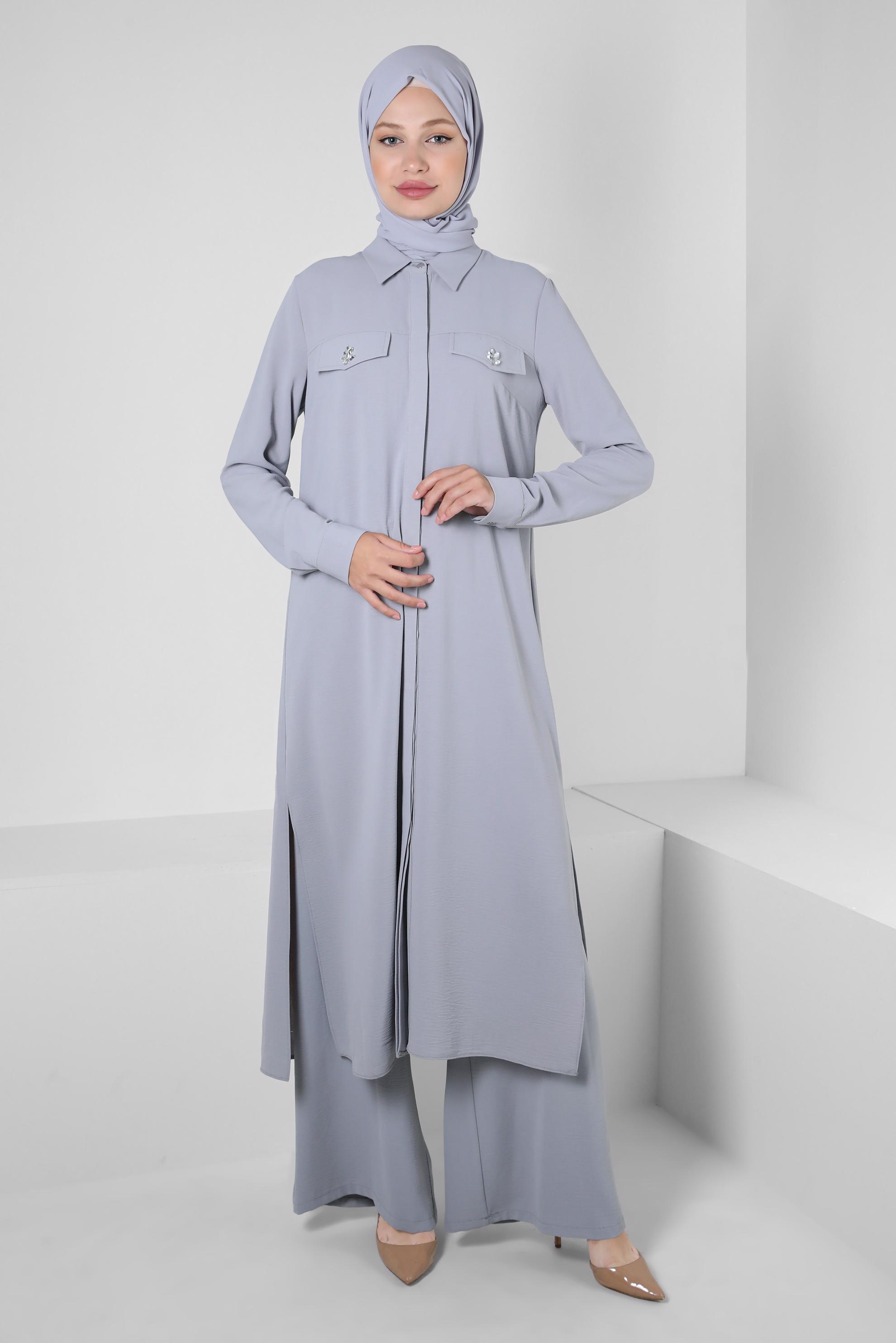 Tesettür giyim GRİ GÖMLEK YAKA TAŞ DETAYLI TUNİK 43815
