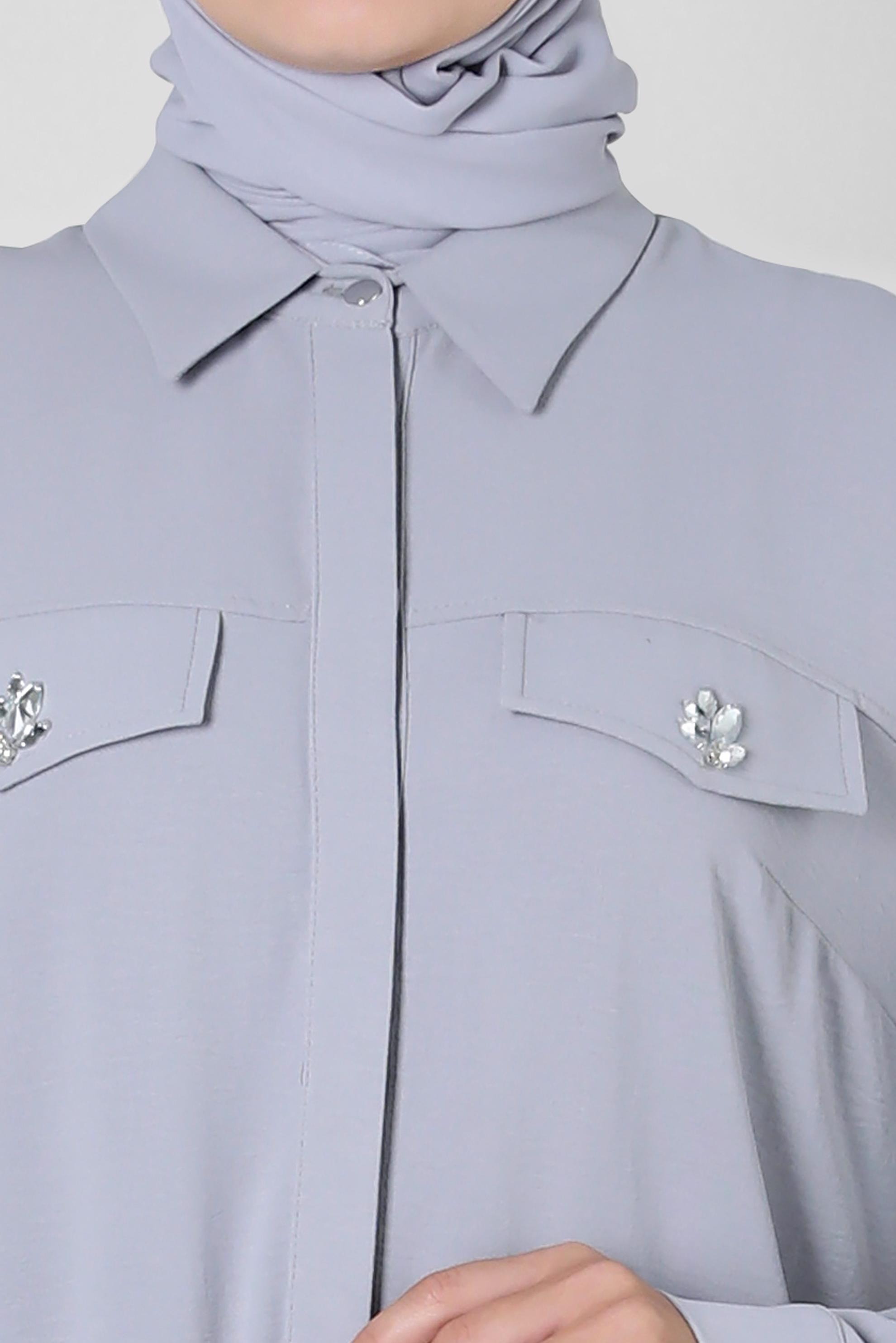 Tesettür giyim GRİ GÖMLEK YAKA TAŞ DETAYLI TUNİK 43815