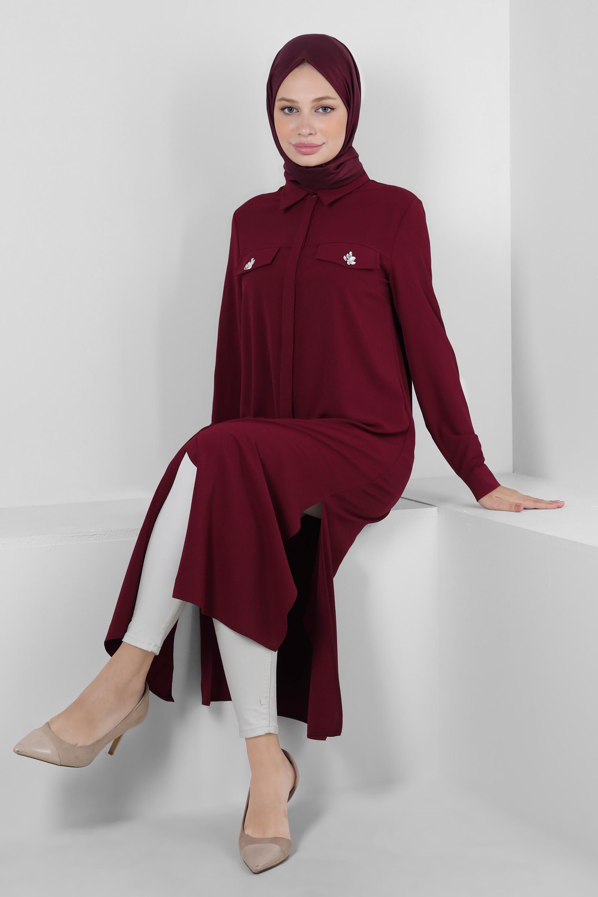 Tesettür giyim BORDO GÖMLEK YAKA TAŞ DETAYLI TUNİK 43815