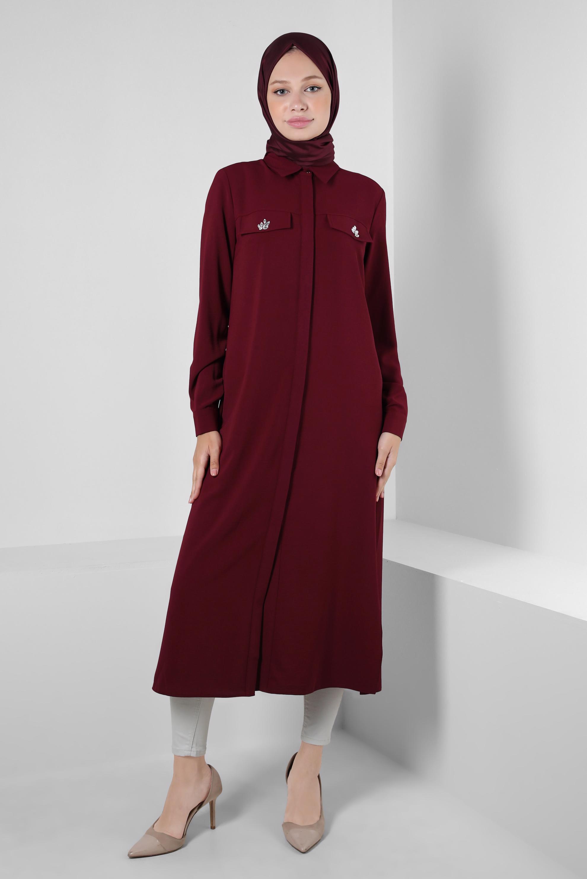 Tesettür giyim BORDO GÖMLEK YAKA TAŞ DETAYLI TUNİK 43815