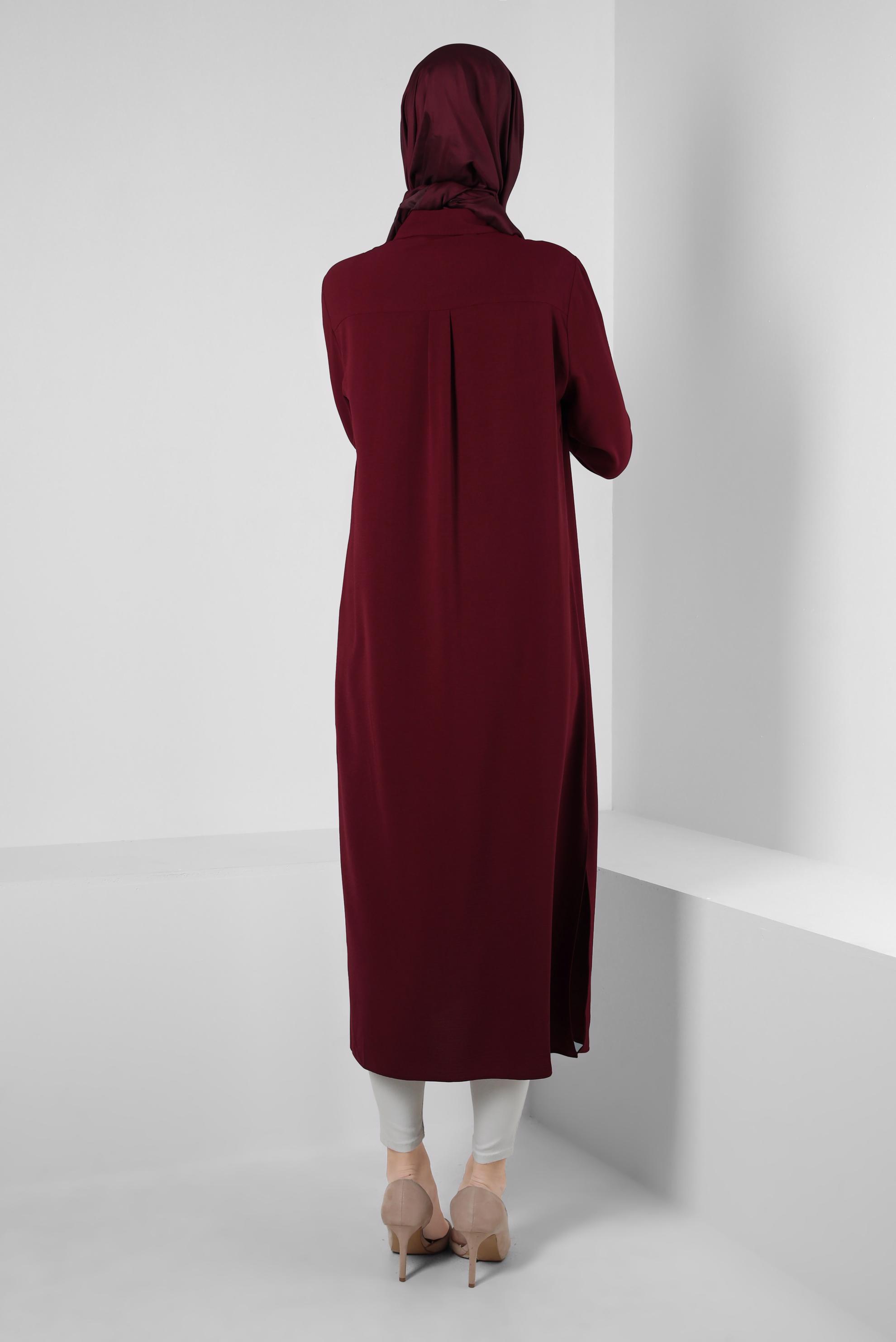 Tesettür giyim BORDO GÖMLEK YAKA TAŞ DETAYLI TUNİK 43815