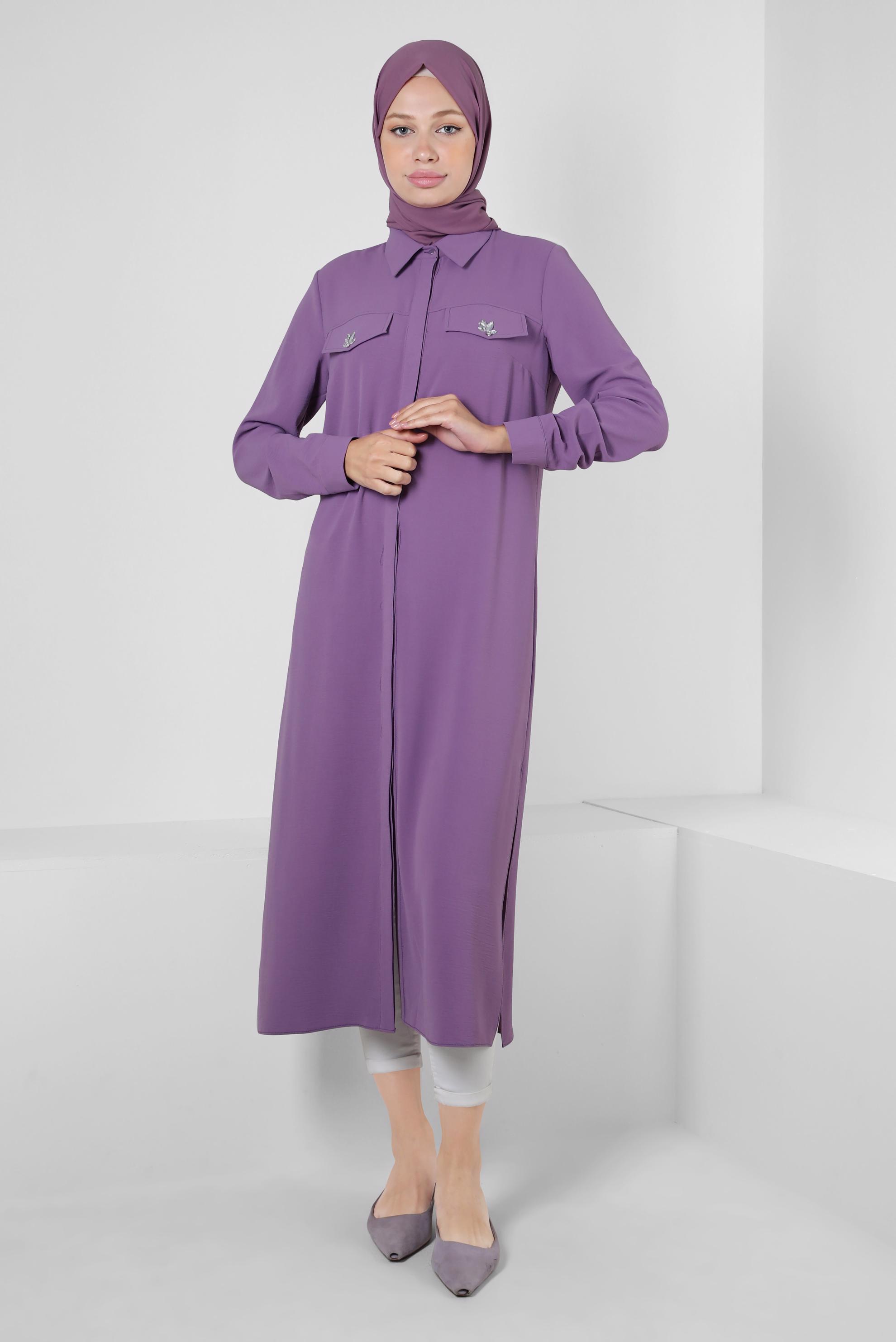 Tesettür giyim MOR GÖMLEK YAKA TAŞ DETAYLI TUNİK 43815