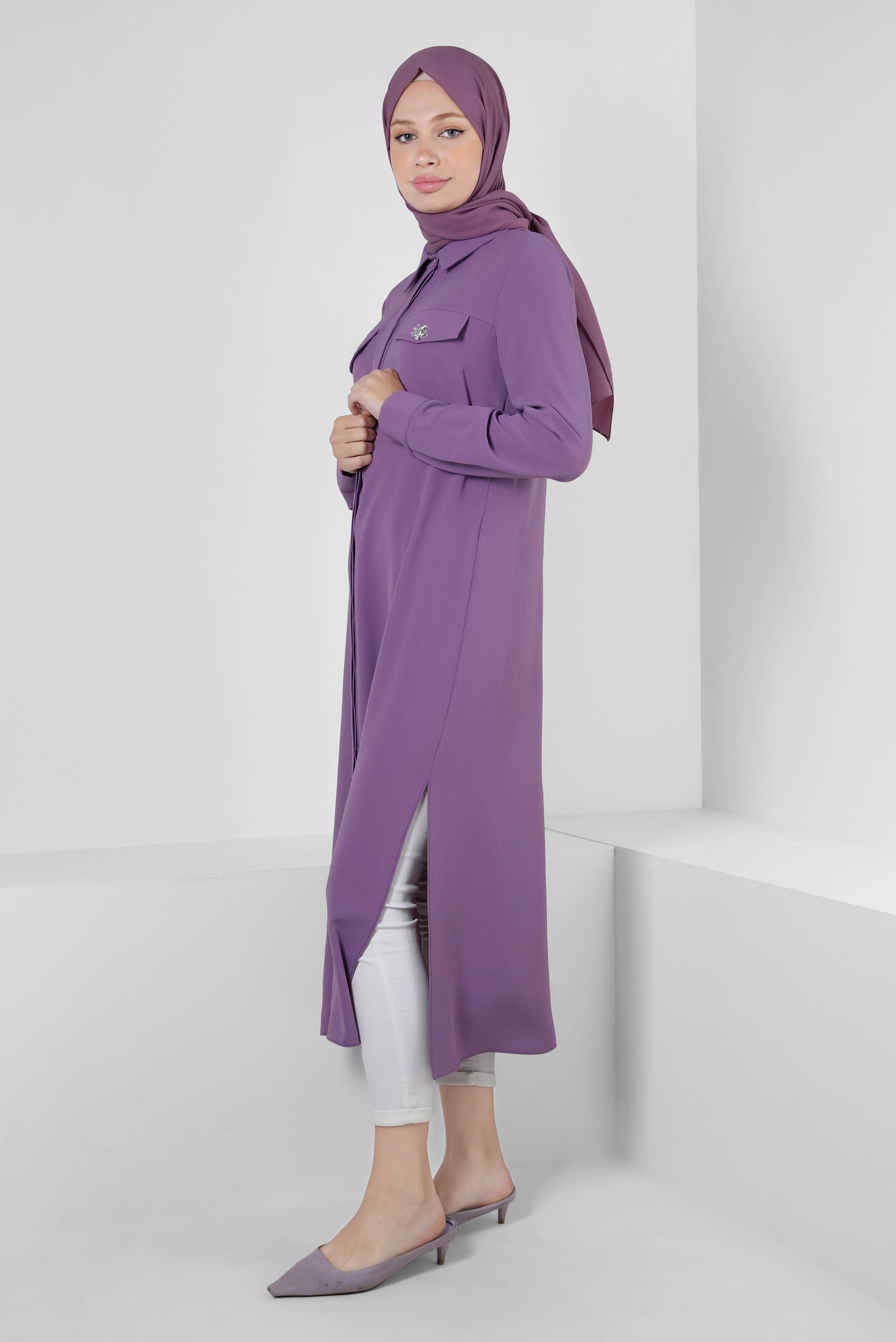 Tesettür giyim MOR GÖMLEK YAKA TAŞ DETAYLI TUNİK 43815