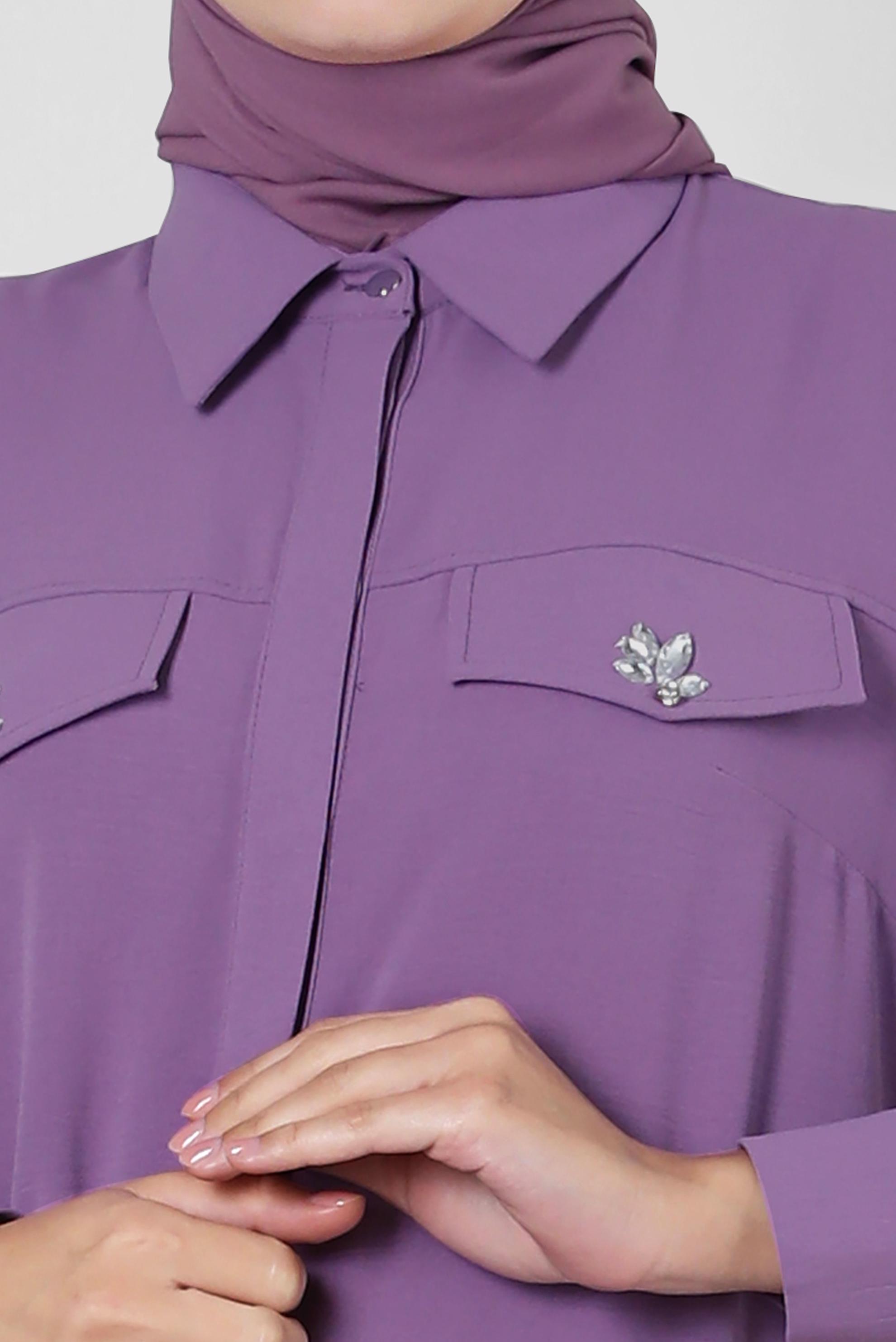 Tesettür giyim MOR GÖMLEK YAKA TAŞ DETAYLI TUNİK 43815