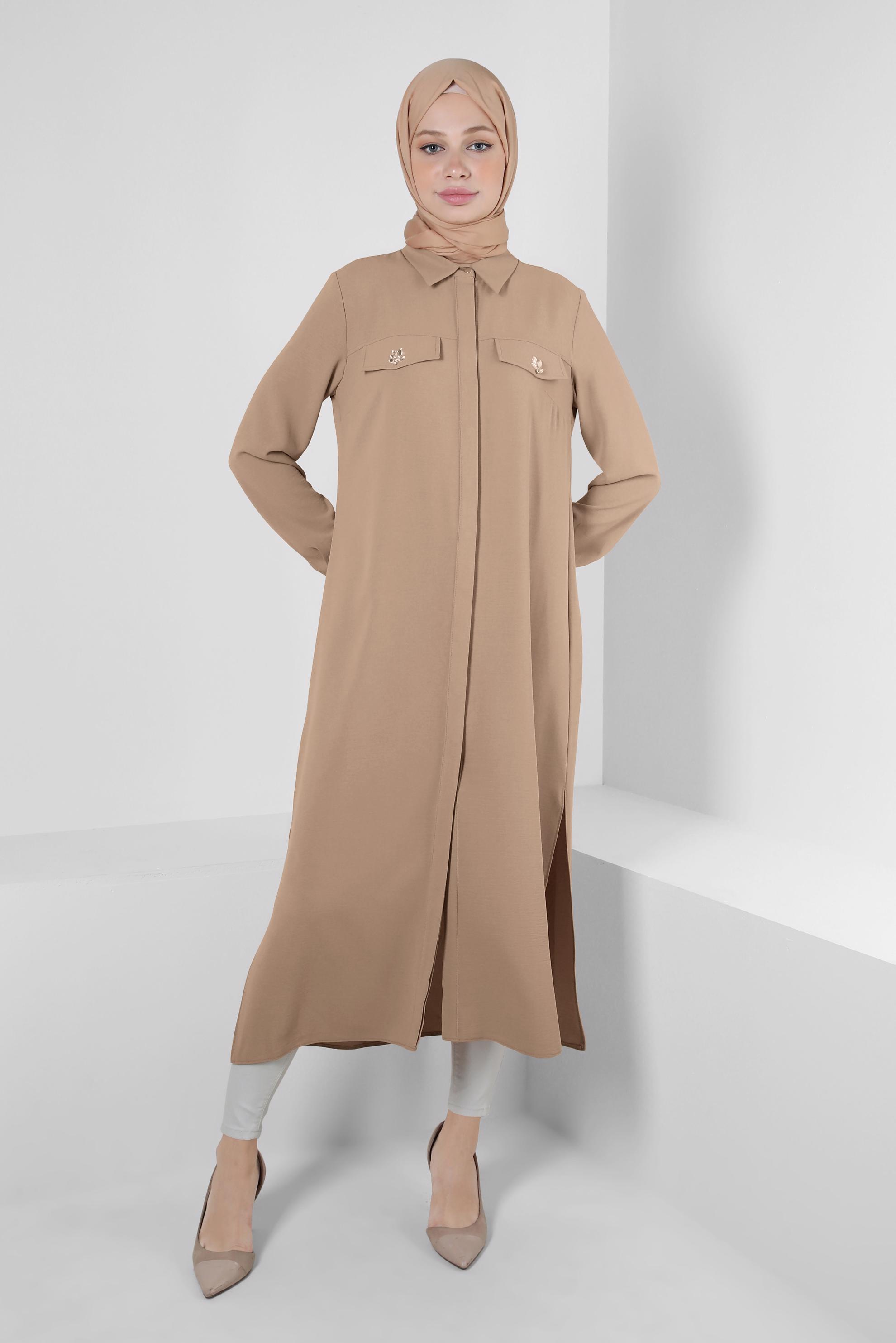 Tesettür giyim KUM GÖMLEK YAKA TAŞ DETAYLI TUNİK 43815