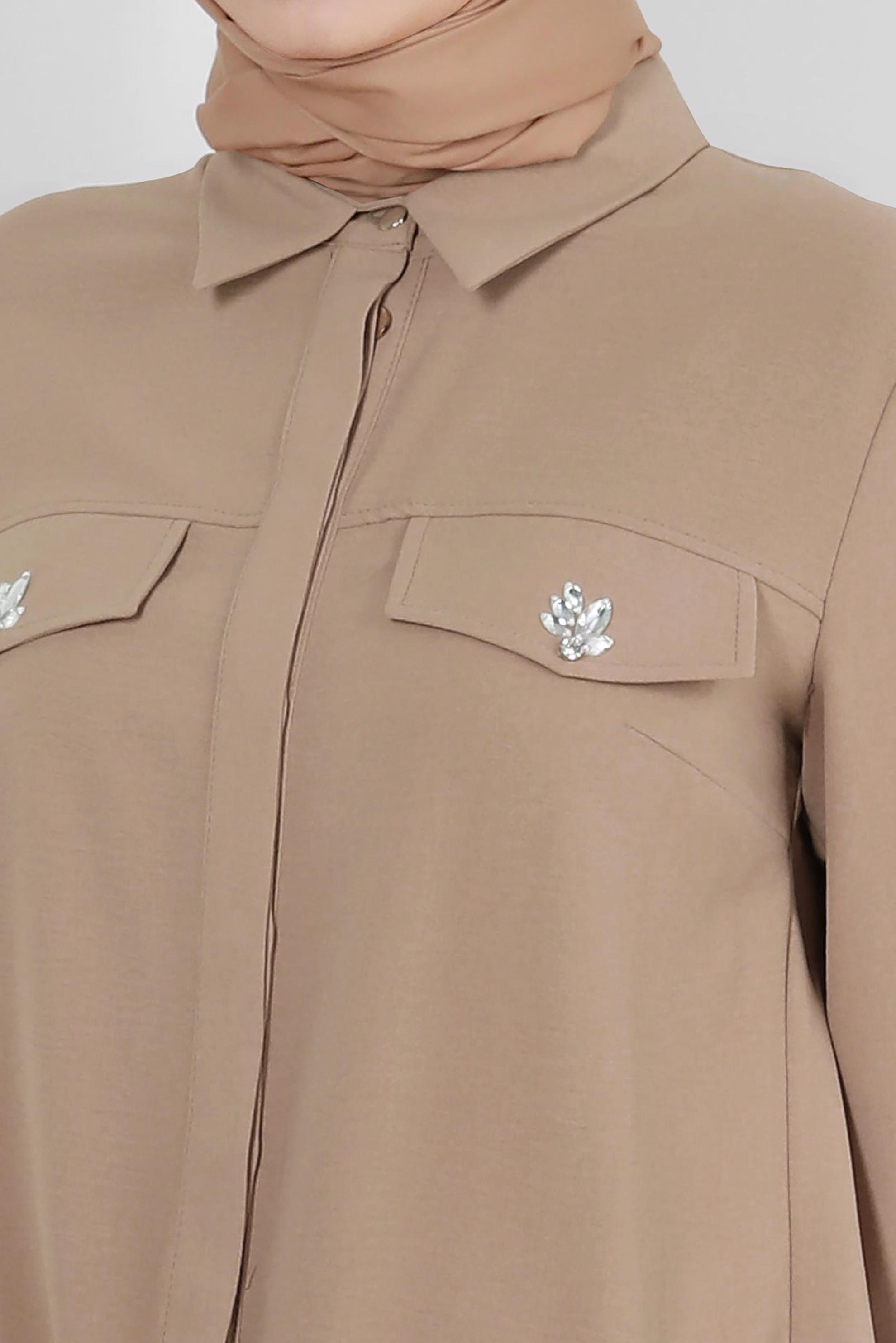 Tesettür giyim KUM GÖMLEK YAKA TAŞ DETAYLI TUNİK 43815