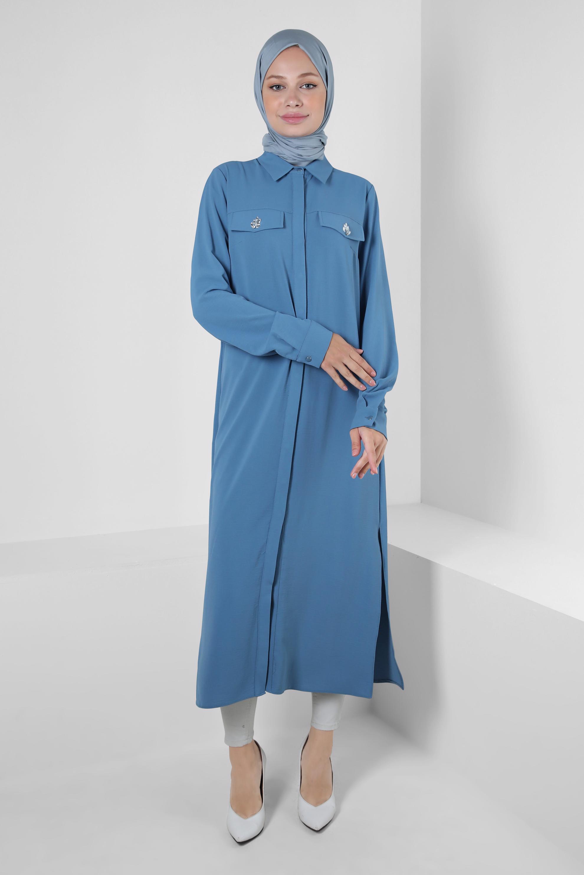Tesettür giyim MAVİ GÖMLEK YAKA TAŞ DETAYLI TUNİK 43815