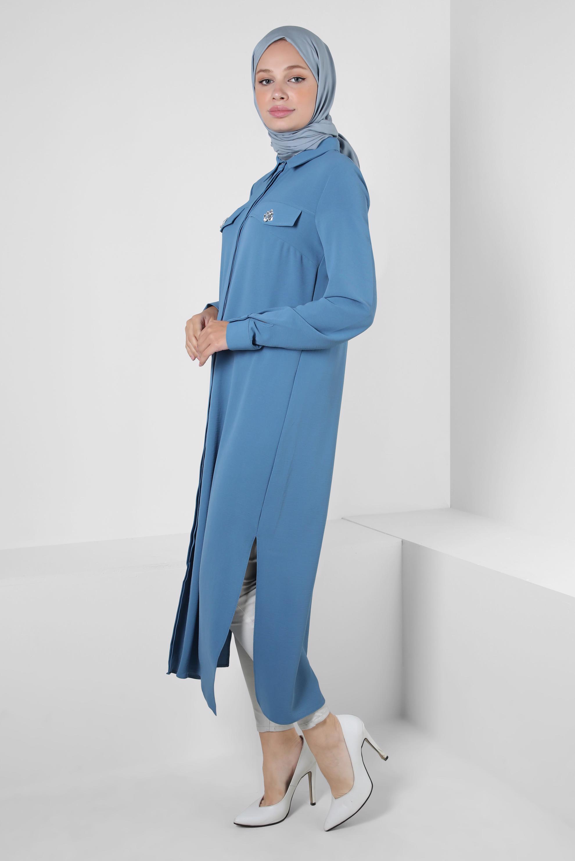 Tesettür giyim MAVİ GÖMLEK YAKA TAŞ DETAYLI TUNİK 43815