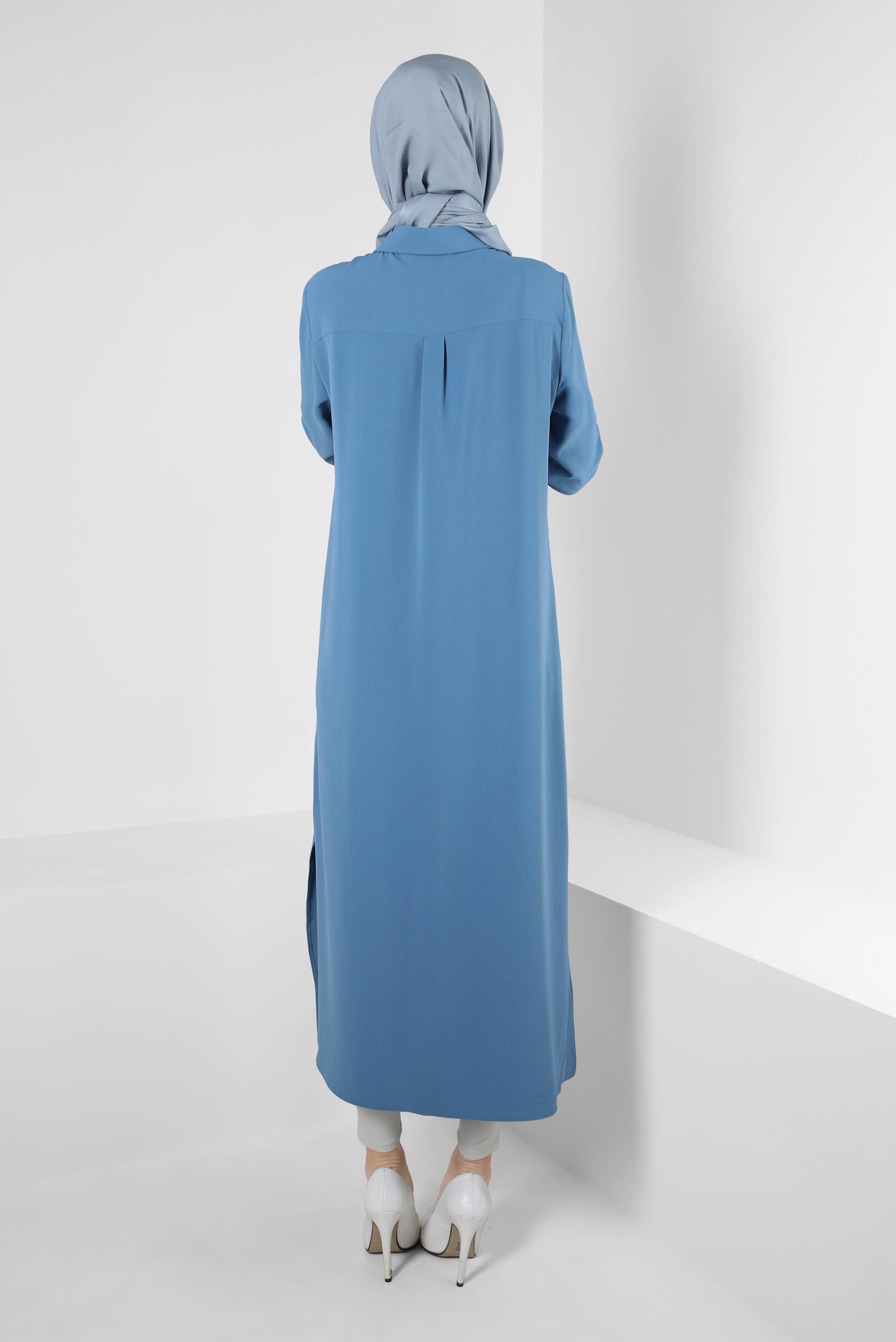 Tesettür giyim MAVİ GÖMLEK YAKA TAŞ DETAYLI TUNİK 43815