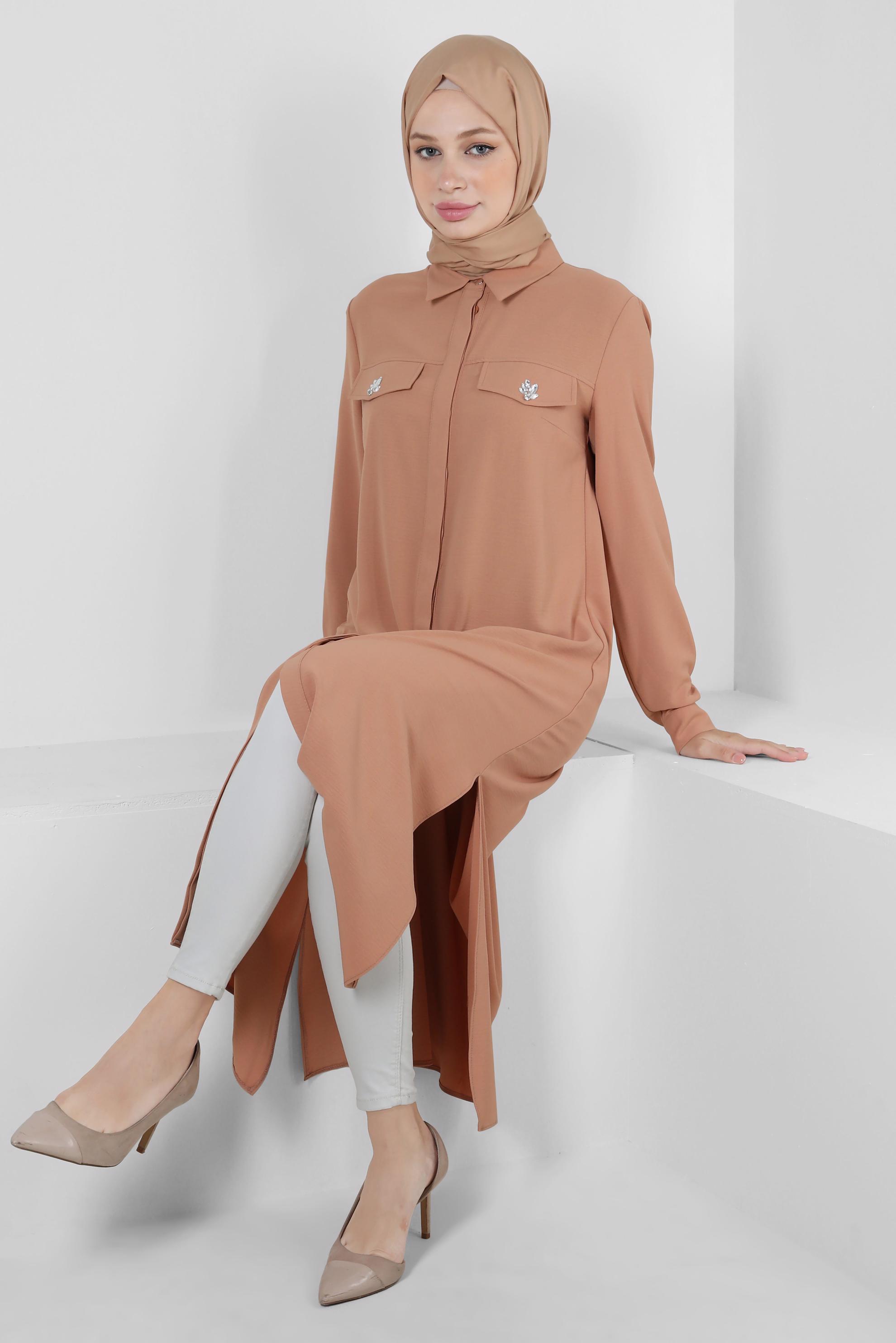 Tesettür giyim KAHVE GÖMLEK YAKA TAŞ DETAYLI TUNİK 43815