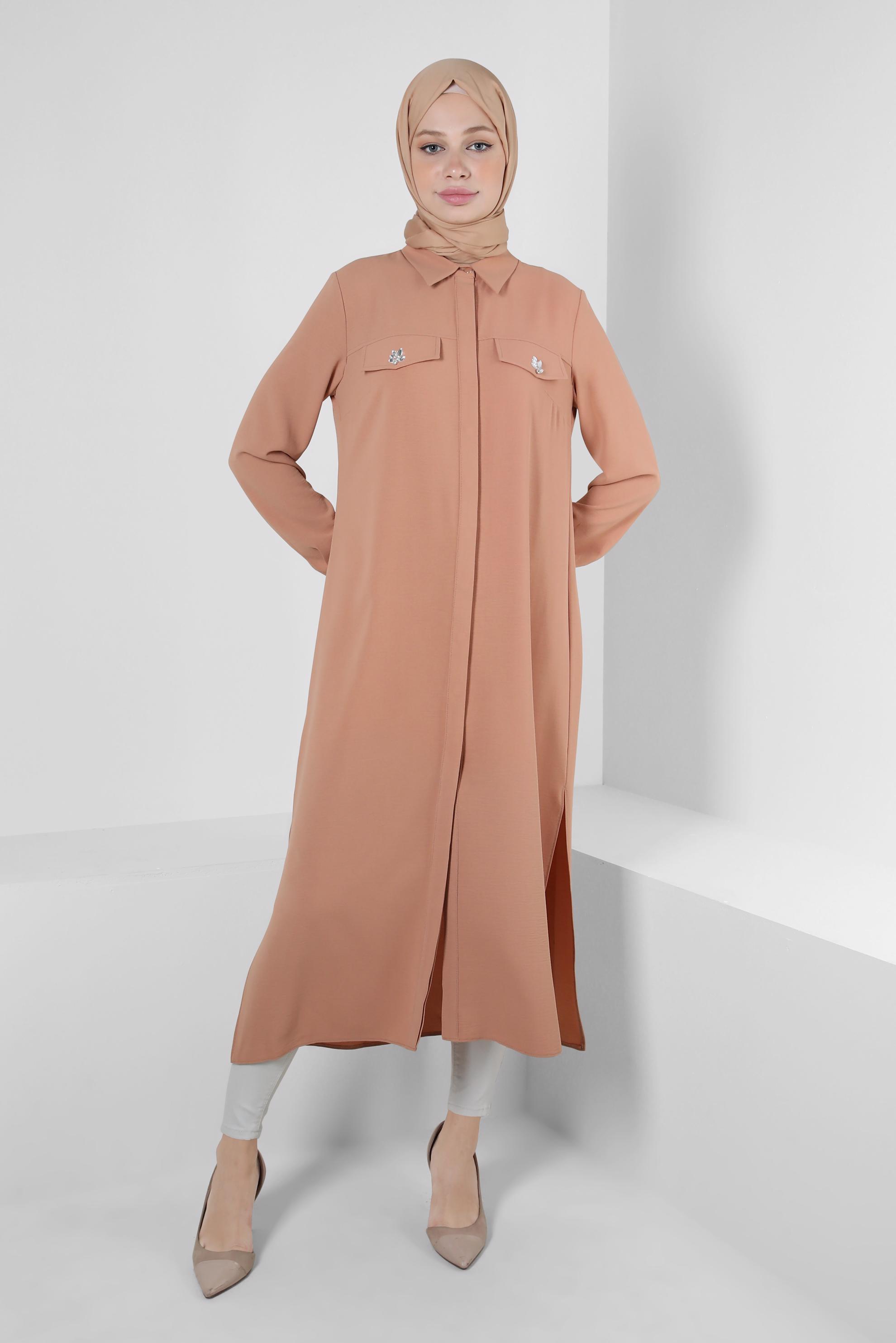 Tesettür giyim KAHVE GÖMLEK YAKA TAŞ DETAYLI TUNİK 43815