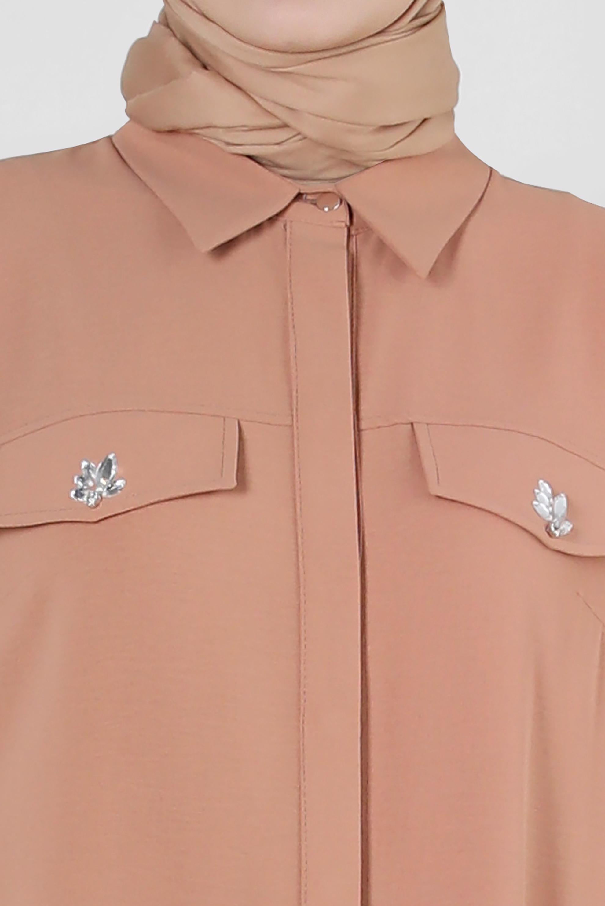 Tesettür giyim KAHVE GÖMLEK YAKA TAŞ DETAYLI TUNİK 43815