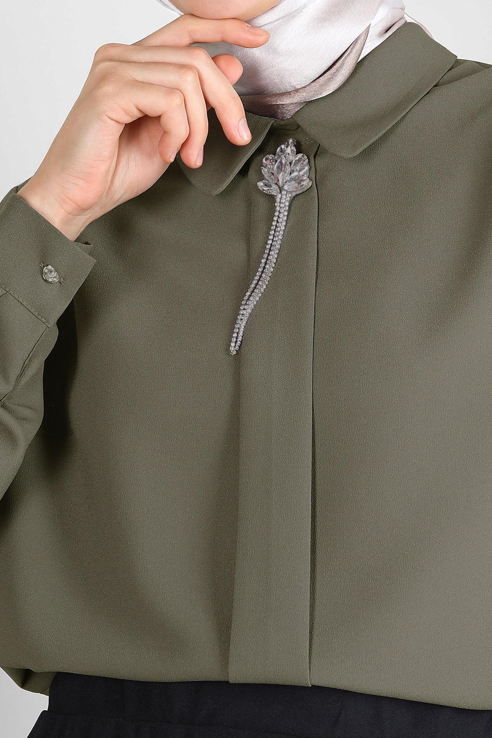 Tesettür giyim HAKİ TAŞ DETAYLI DÜZ TUNİK 43816