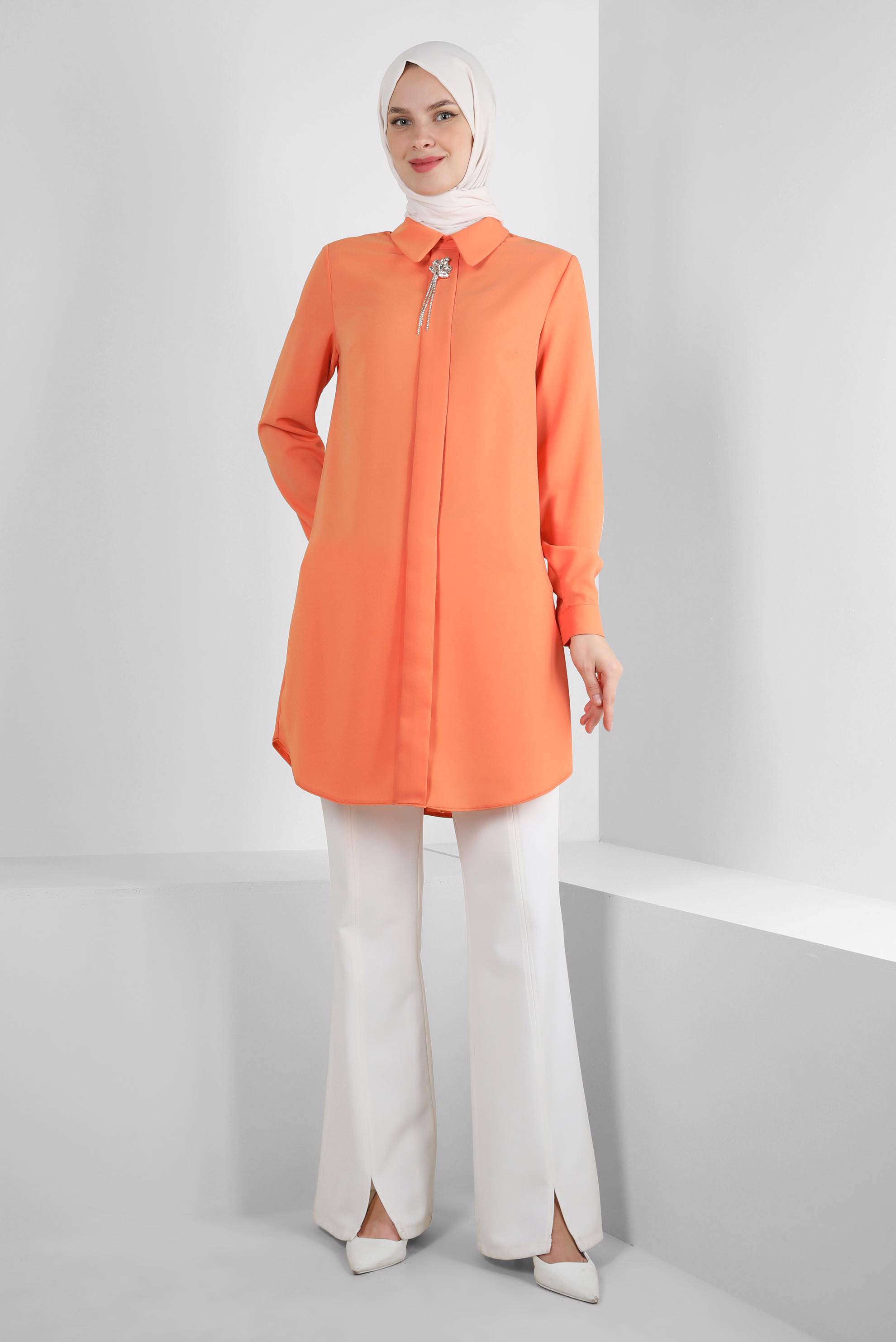 Tesettür giyim TURUNCU TAŞ DETAYLI DÜZ TUNİK 43816