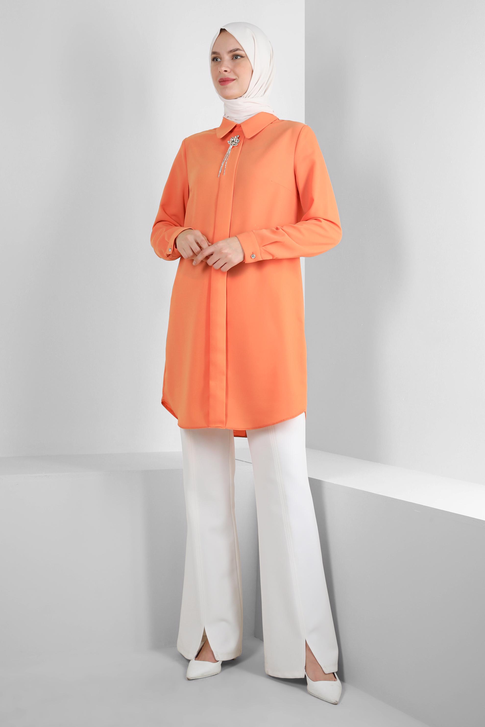 Tesettür giyim TURUNCU TAŞ DETAYLI DÜZ TUNİK 43816
