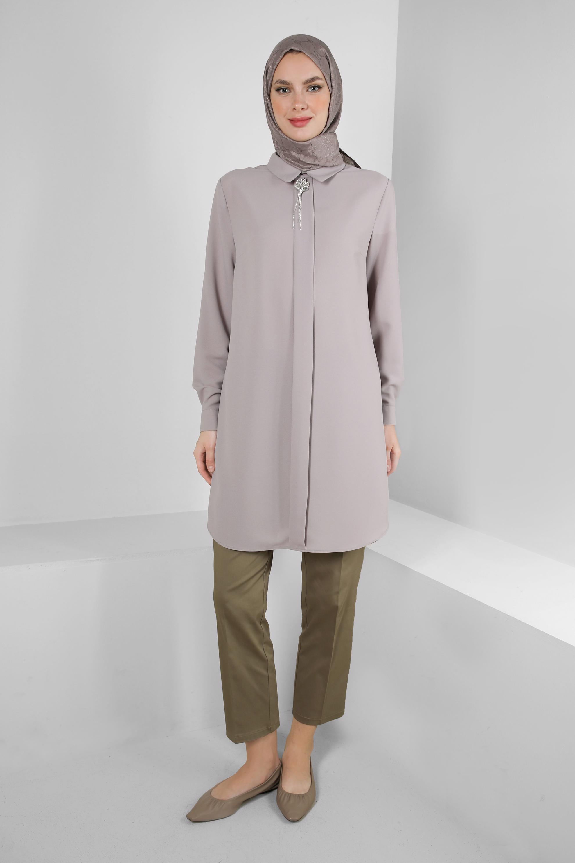 Tesettür giyim VİZON TAŞ DETAYLI DÜZ TUNİK 43816