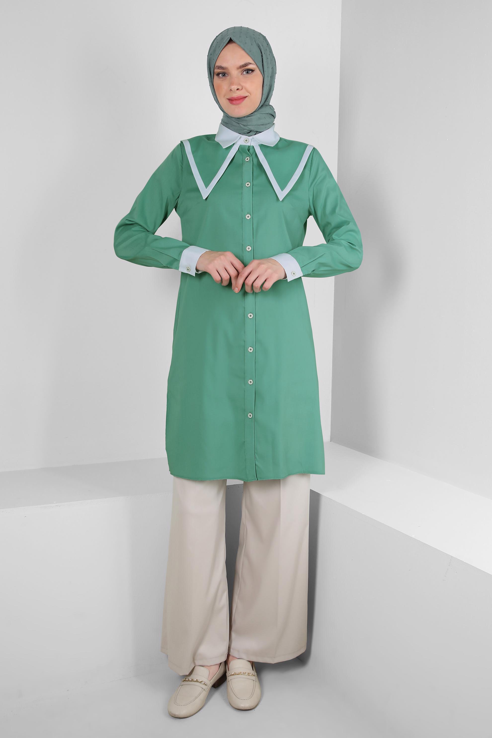 Tesettür giyim YEŞİL YAKA DETAYLI GÖMLEK TUNİK 43817