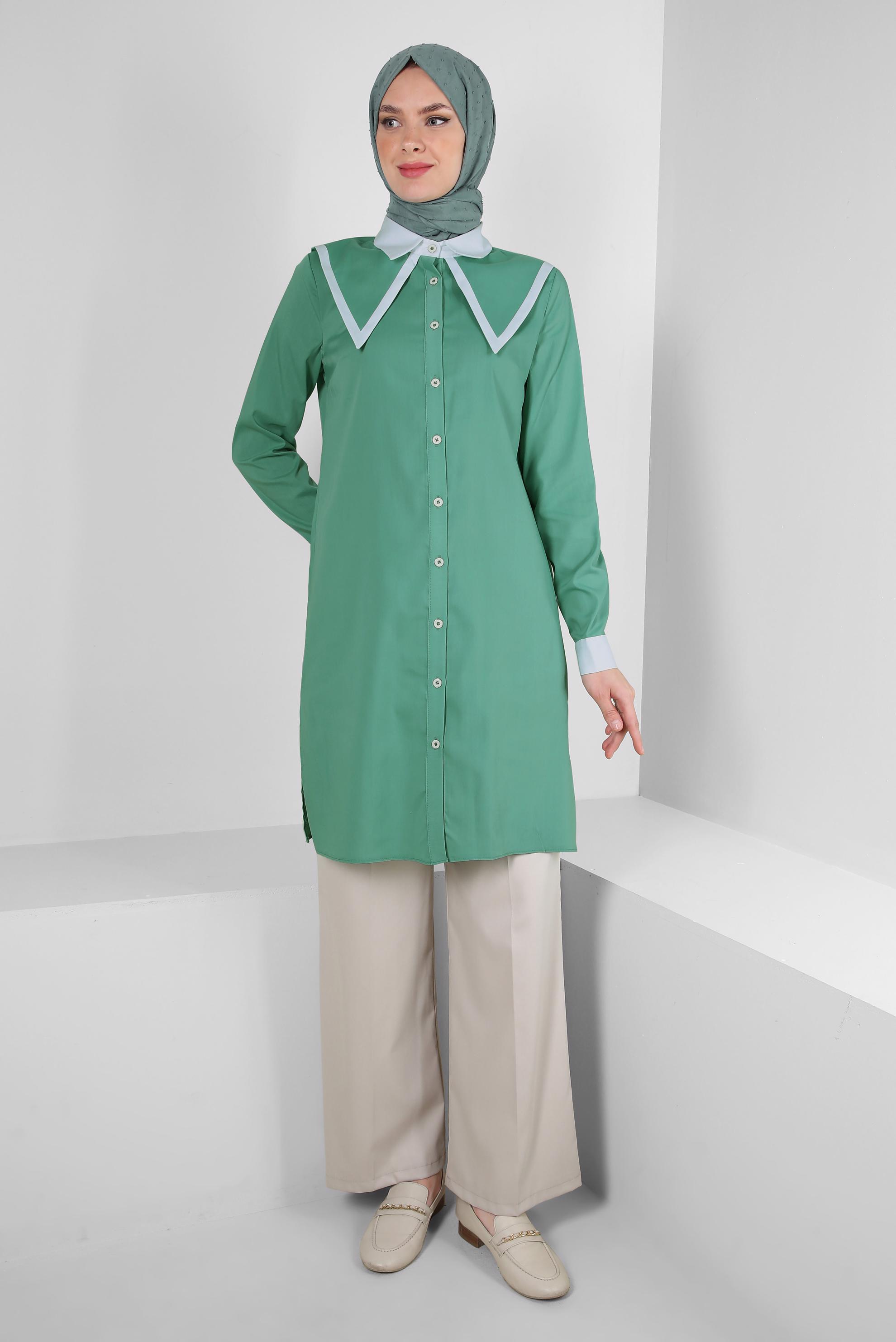 Tesettür giyim YEŞİL YAKA DETAYLI GÖMLEK TUNİK 43817
