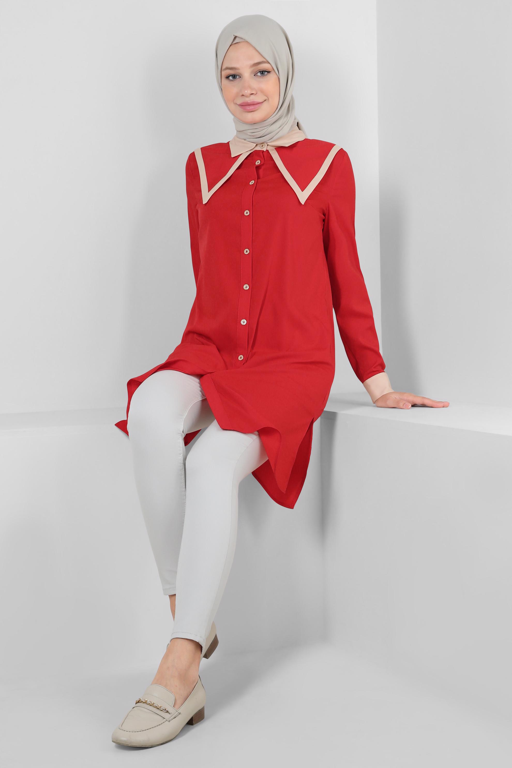 Tesettür giyim KIRMIZI YAKA DETAYLI GÖMLEK TUNİK 43817