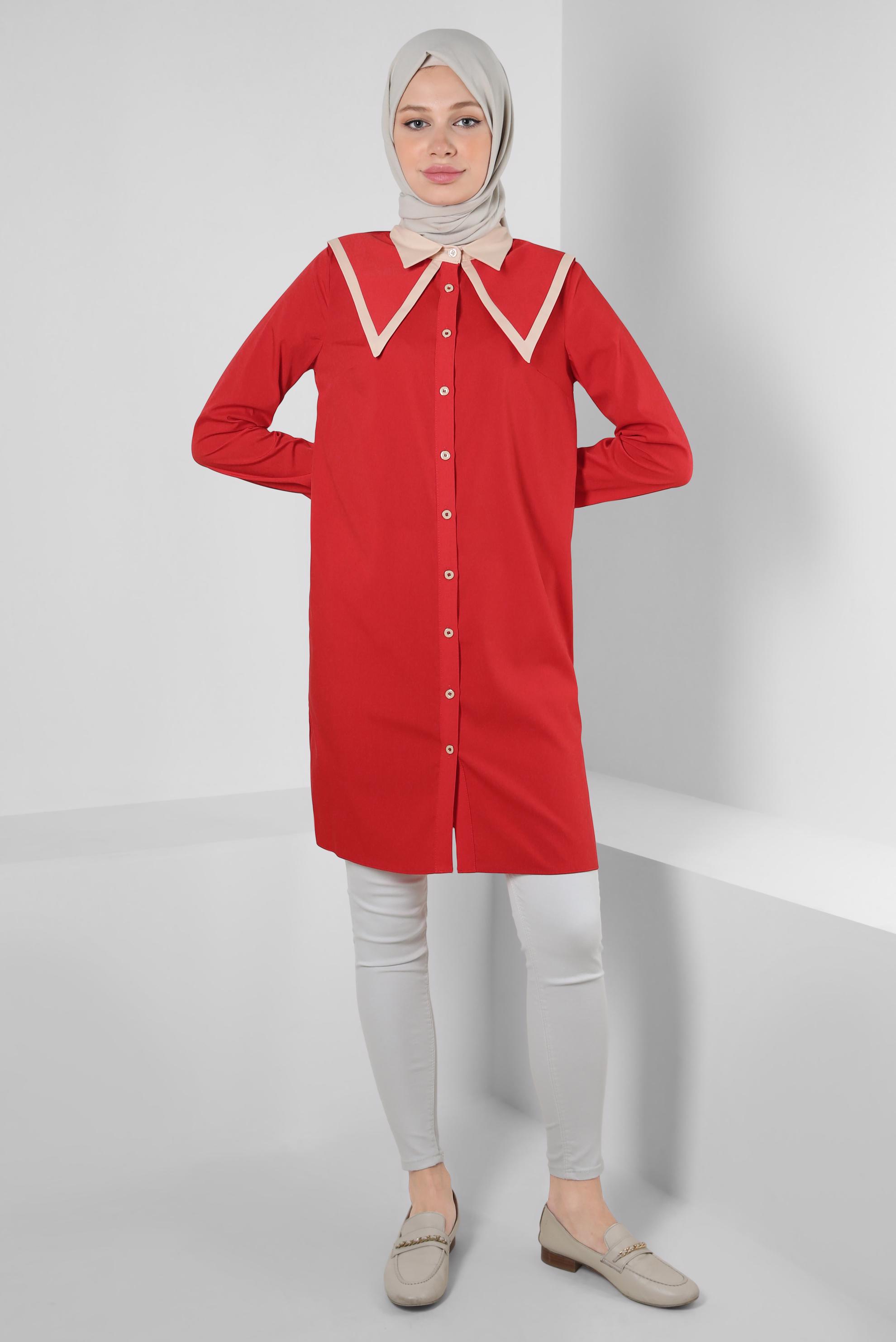 Tesettür giyim KIRMIZI YAKA DETAYLI GÖMLEK TUNİK 43817