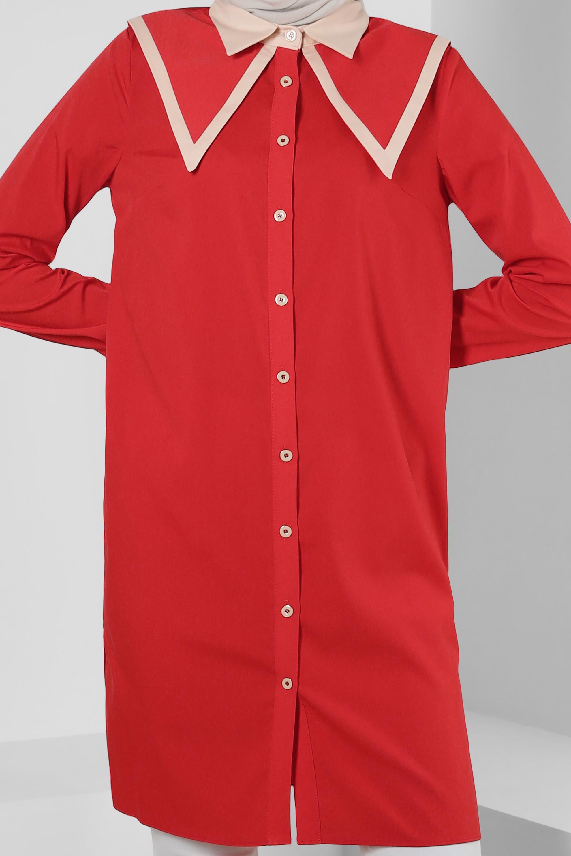 Tesettür giyim KIRMIZI YAKA DETAYLI GÖMLEK TUNİK 43817