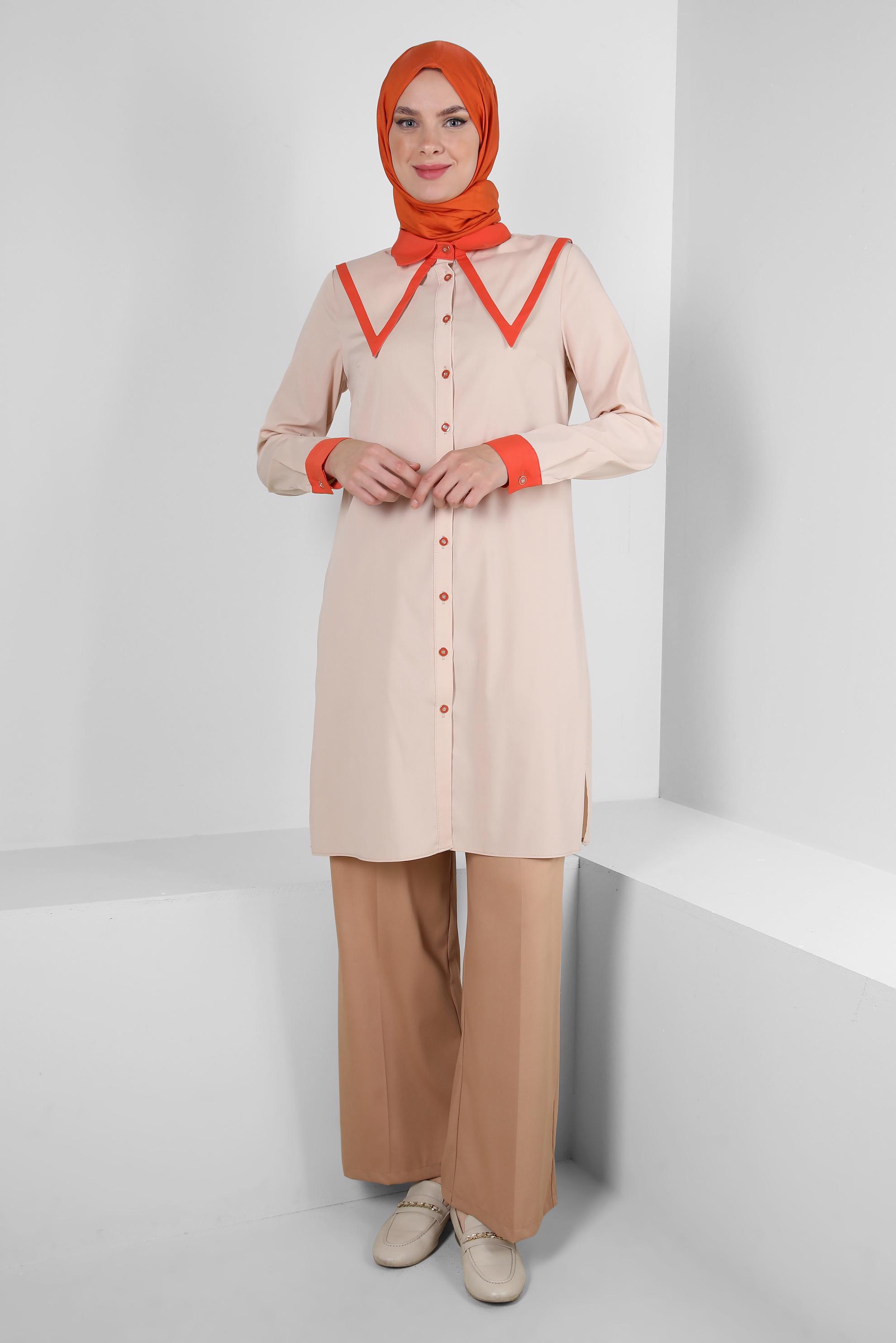 Tesettür giyim BEJ YAKA DETAYLI GÖMLEK TUNİK 43817