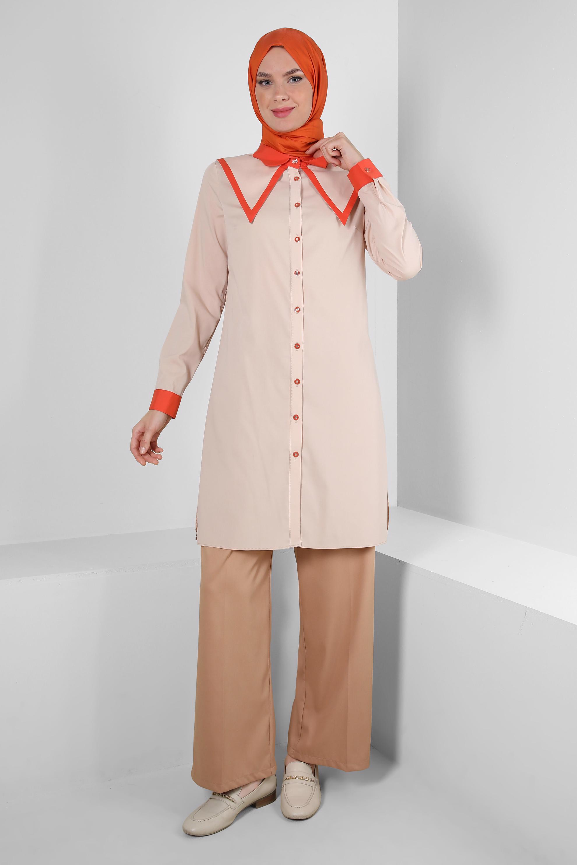 Tesettür giyim BEJ YAKA DETAYLI GÖMLEK TUNİK 43817