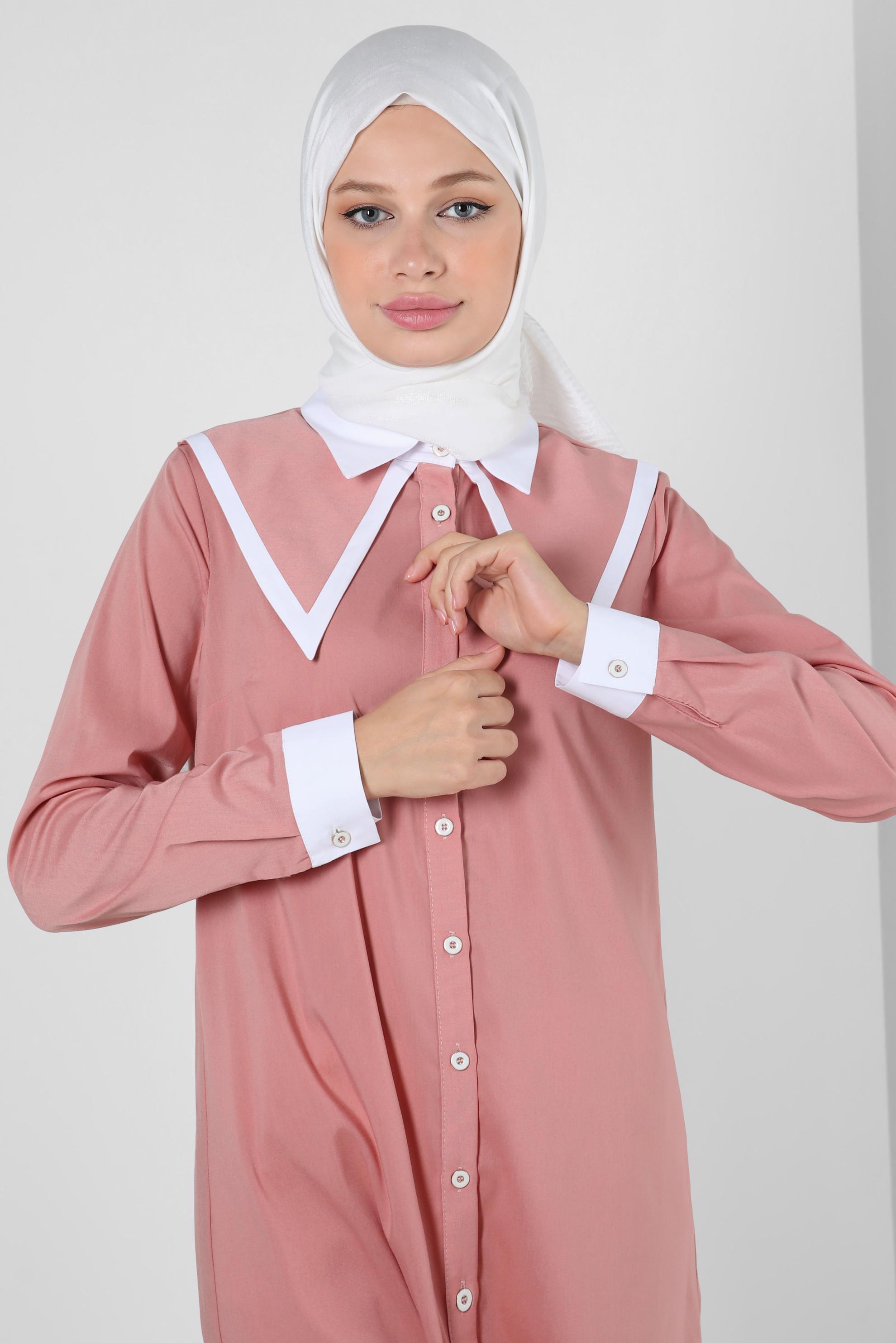 Tesettür giyim PUDRA YAKA DETAYLI GÖMLEK TUNİK 43817