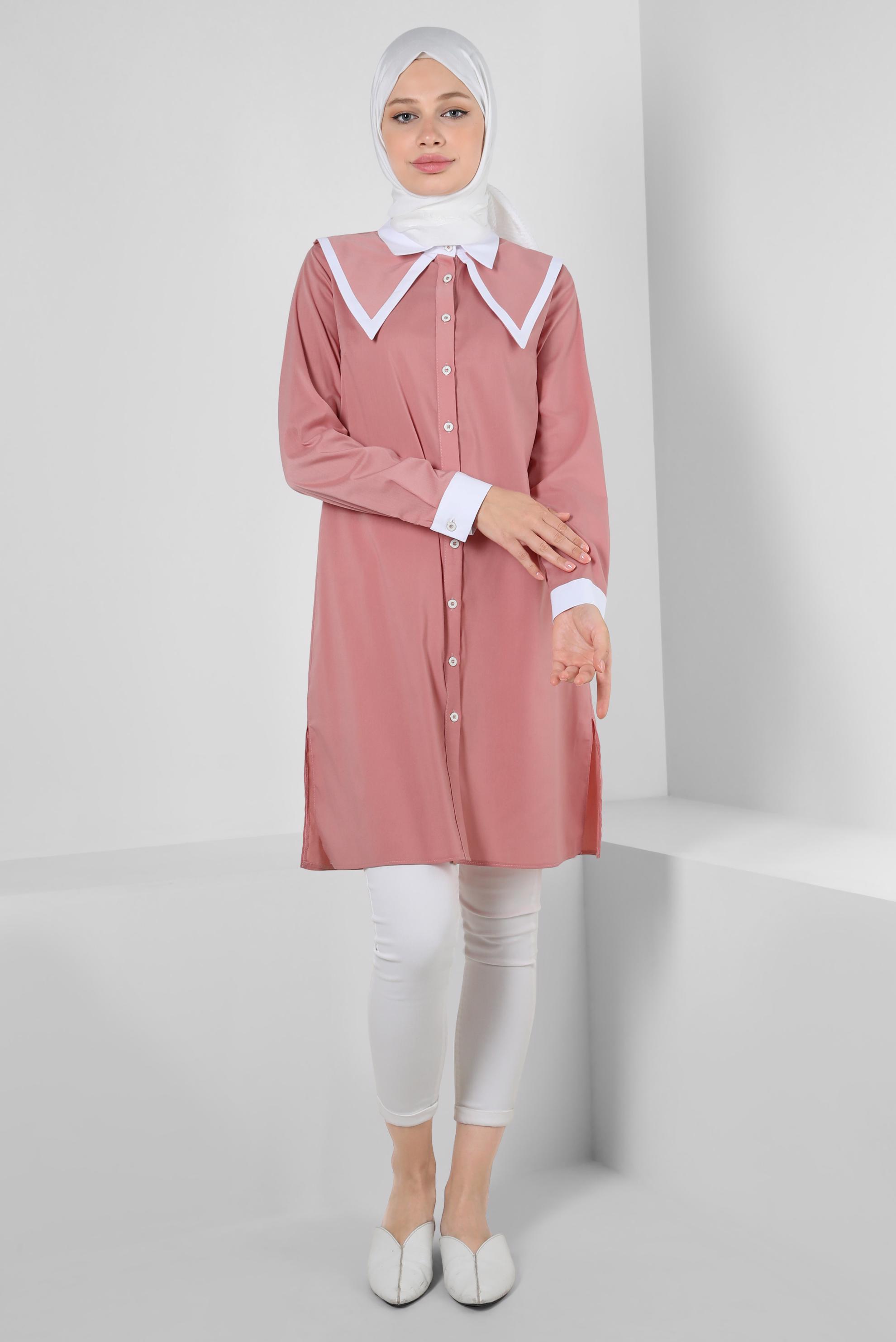 Tesettür giyim PUDRA YAKA DETAYLI GÖMLEK TUNİK 43817