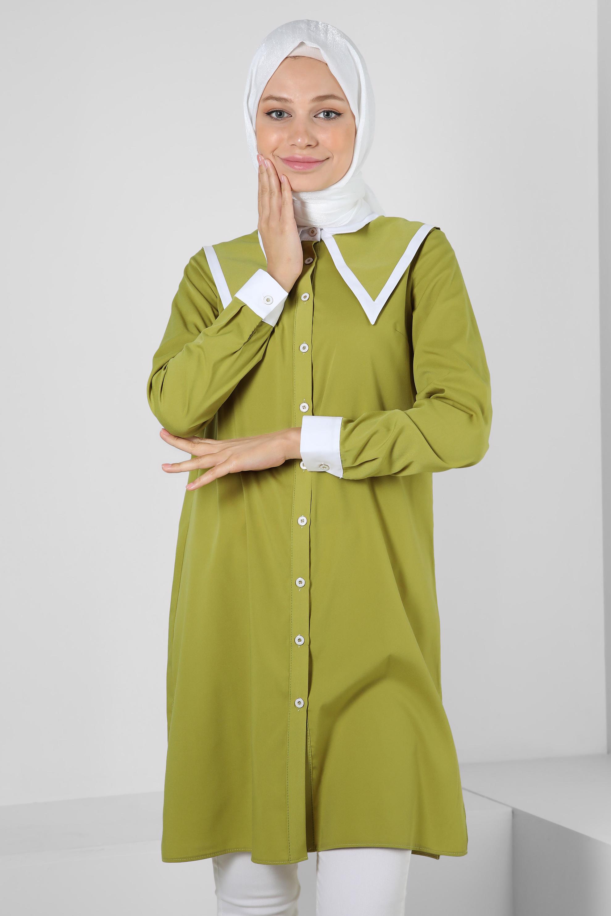 Tesettür giyim YEŞİL YAKA DETAYLI GÖMLEK TUNİK 43817