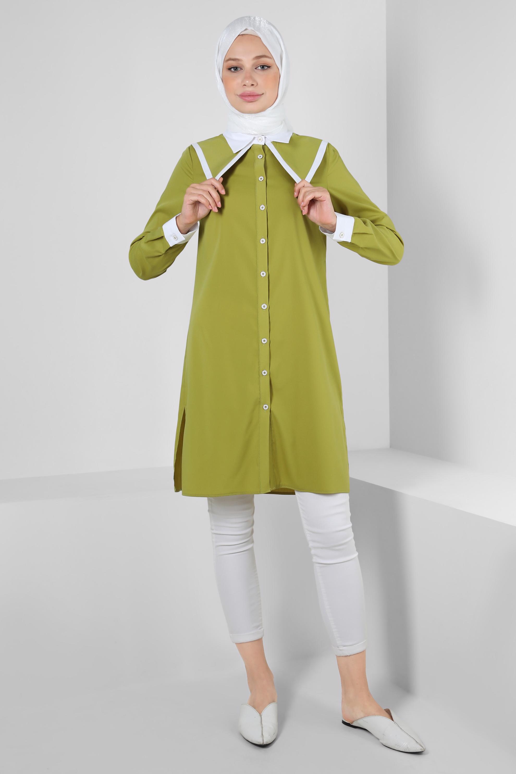 Tesettür giyim YEŞİL YAKA DETAYLI GÖMLEK TUNİK 43817