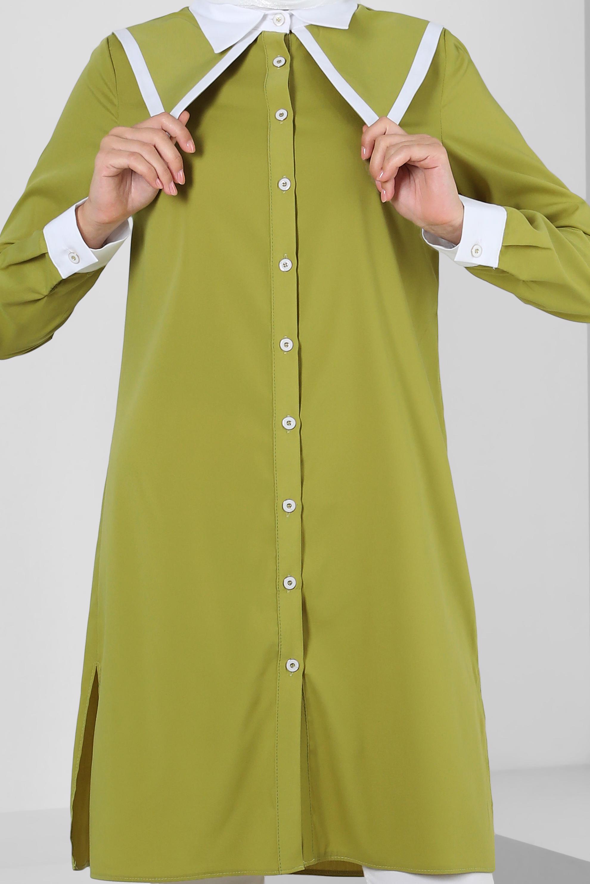 Tesettür giyim YEŞİL YAKA DETAYLI GÖMLEK TUNİK 43817