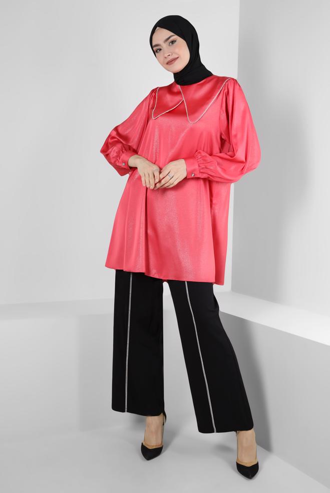 Tesettür giyim  YAKA DETAYLI SİMLİ TUNİK 43818 - ALVİNA