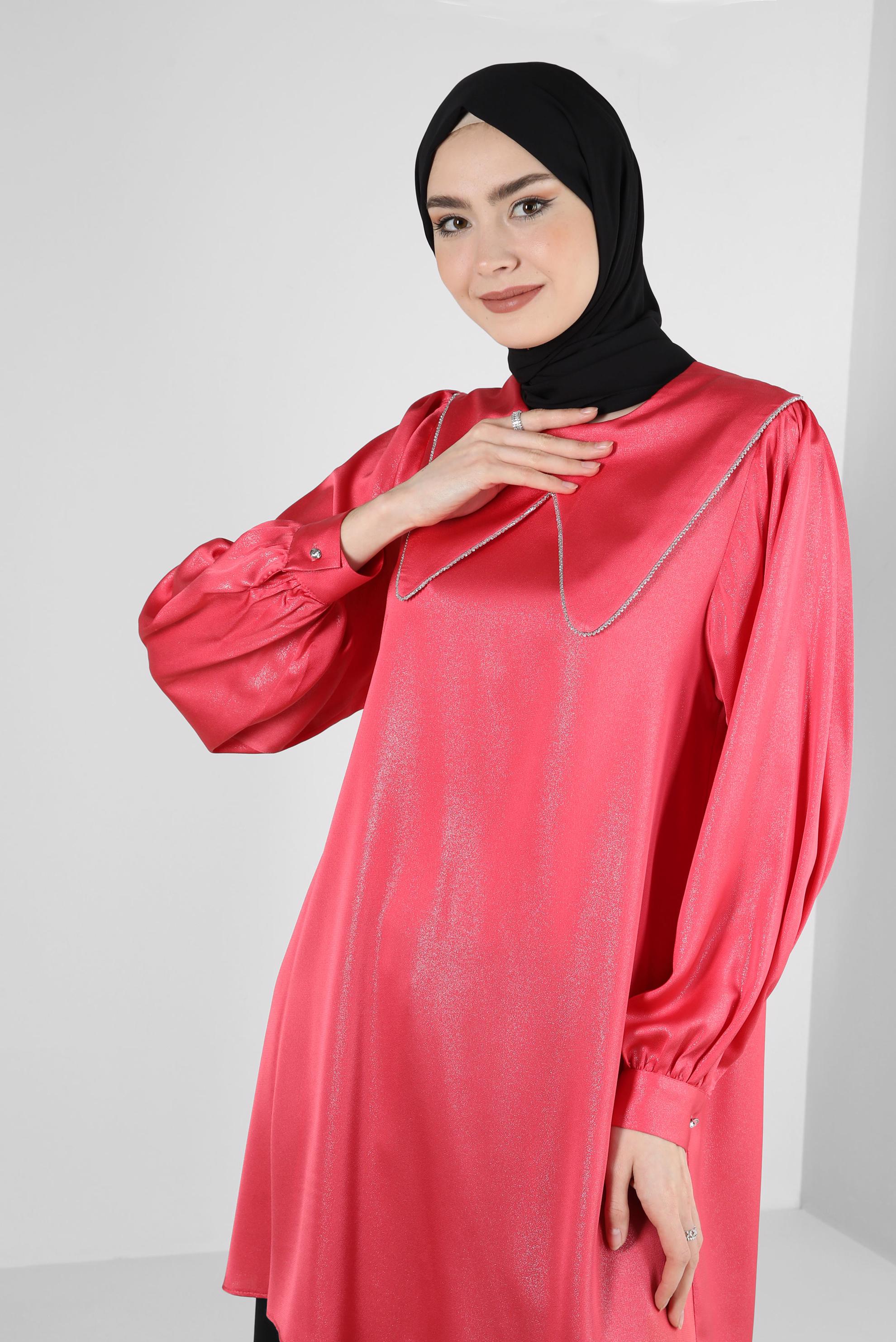 Tesettür giyim MERCAN YAKA DETAYLI SİMLİ TUNİK 43818