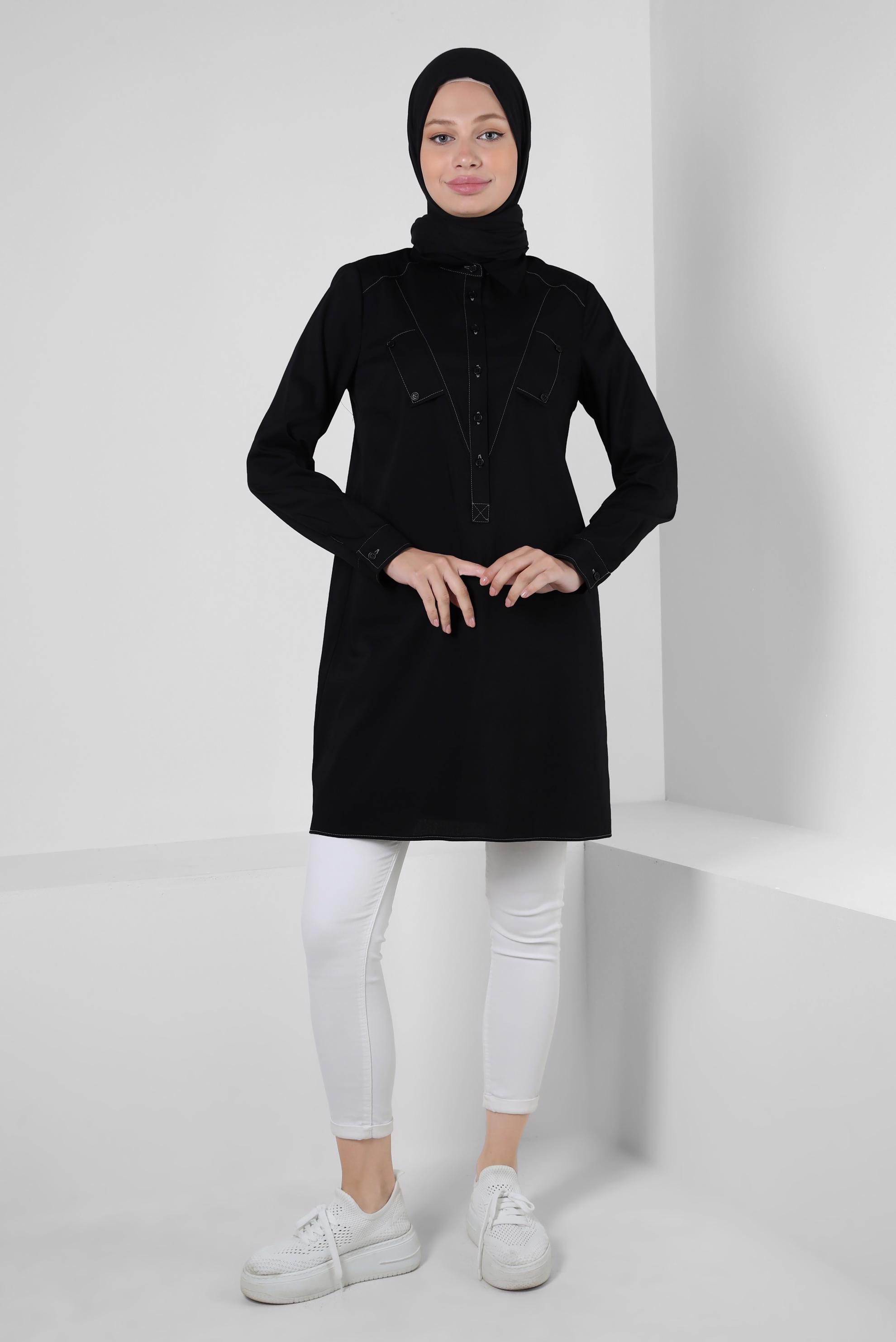 Tesettür giyim SİYAH GÖMLEK YAKA DÜĞMELİ TUNİK 43826