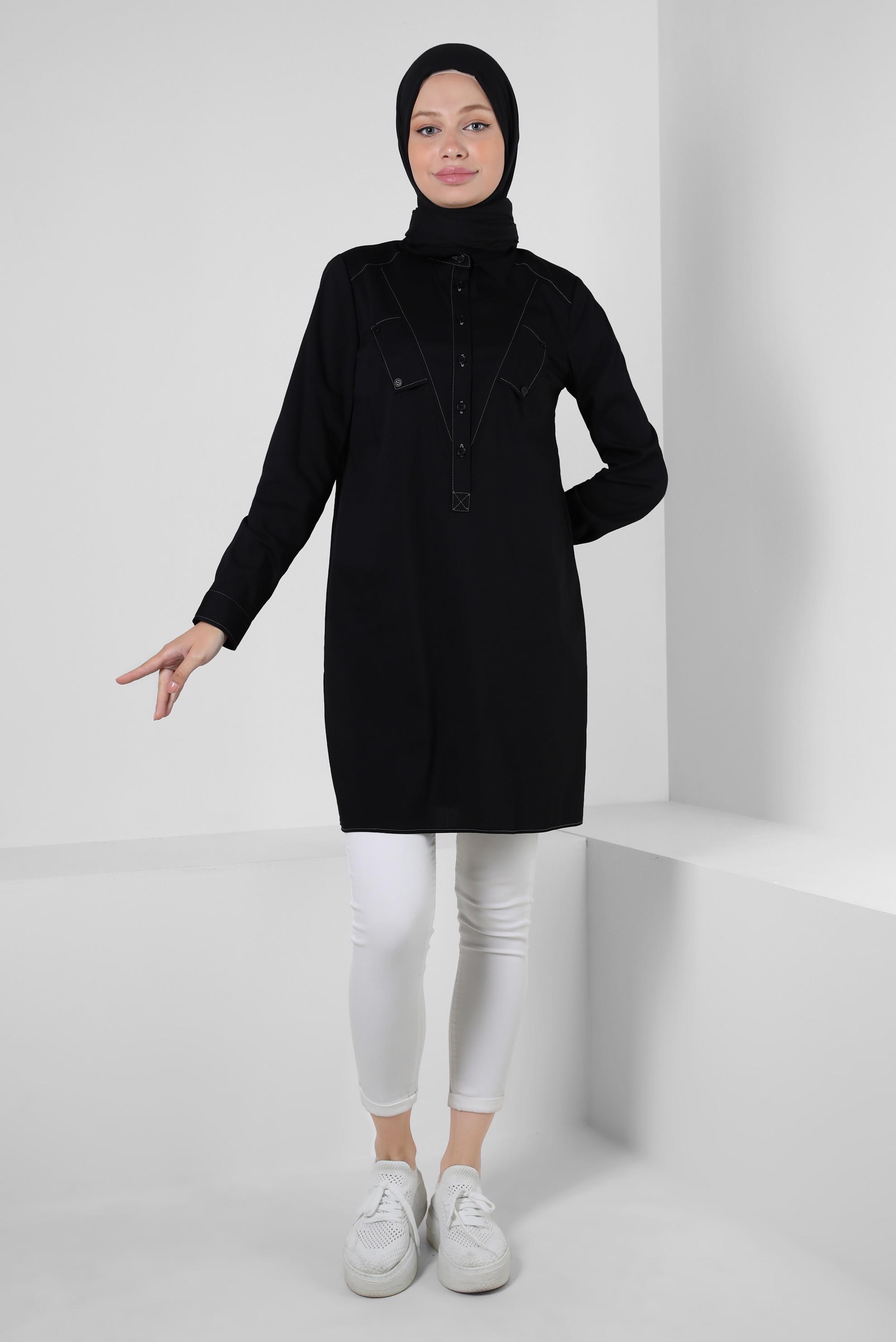 Tesettür giyim SİYAH GÖMLEK YAKA DÜĞMELİ TUNİK 43826