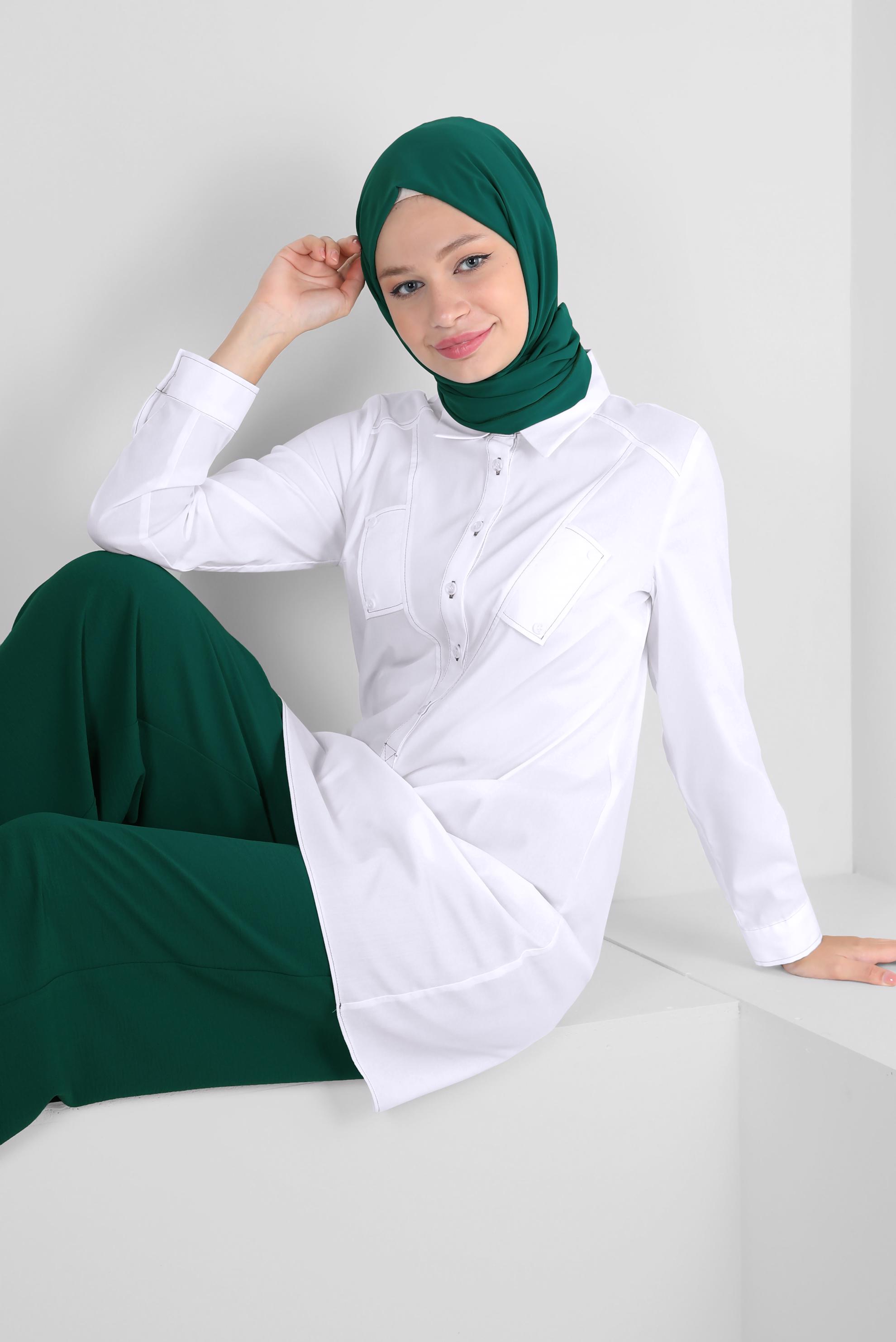 Tesettür giyim BEYAZ GÖMLEK YAKA DÜĞMELİ TUNİK 43826