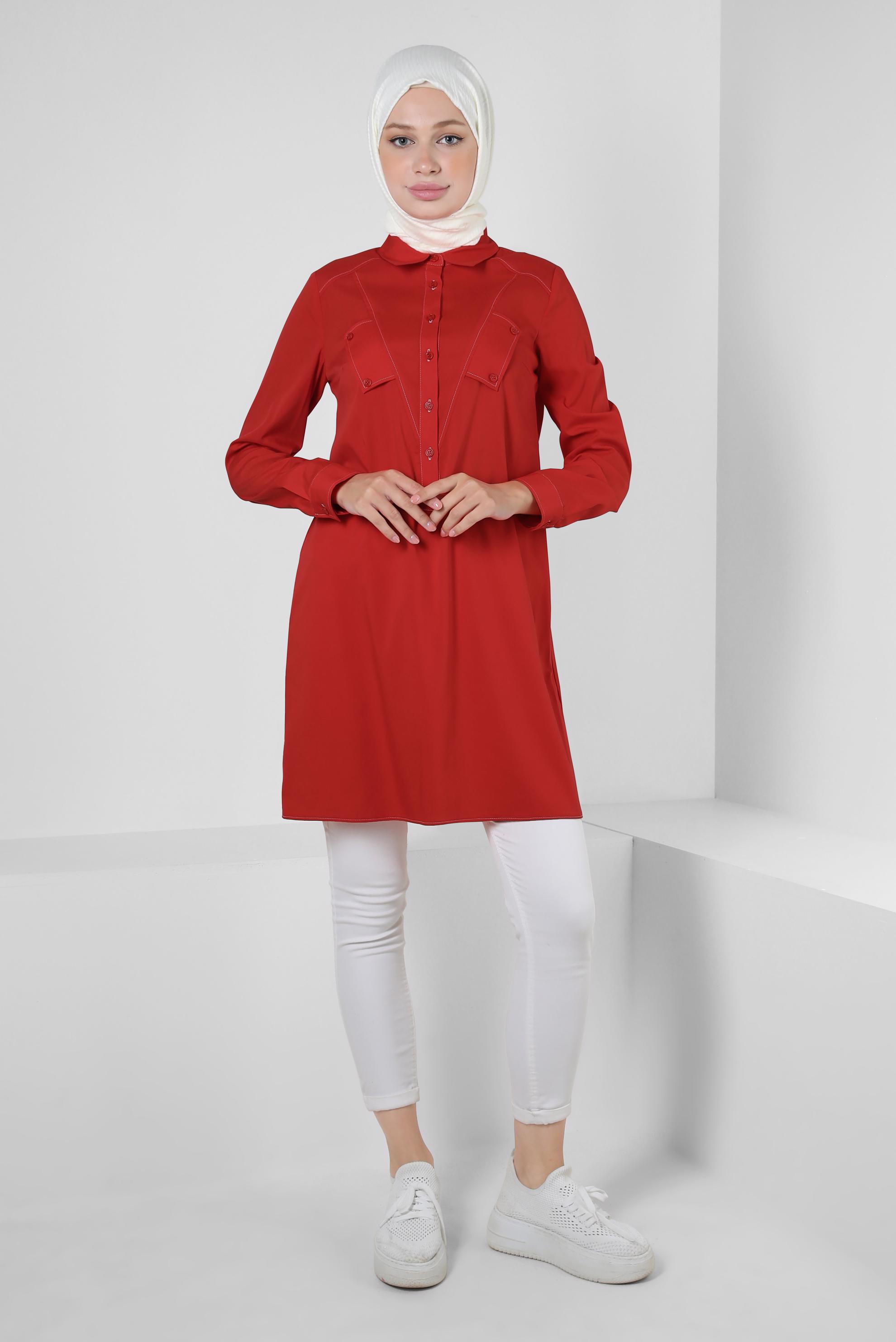 Tesettür giyim KIRMIZI GÖMLEK YAKA DÜĞMELİ TUNİK 43826