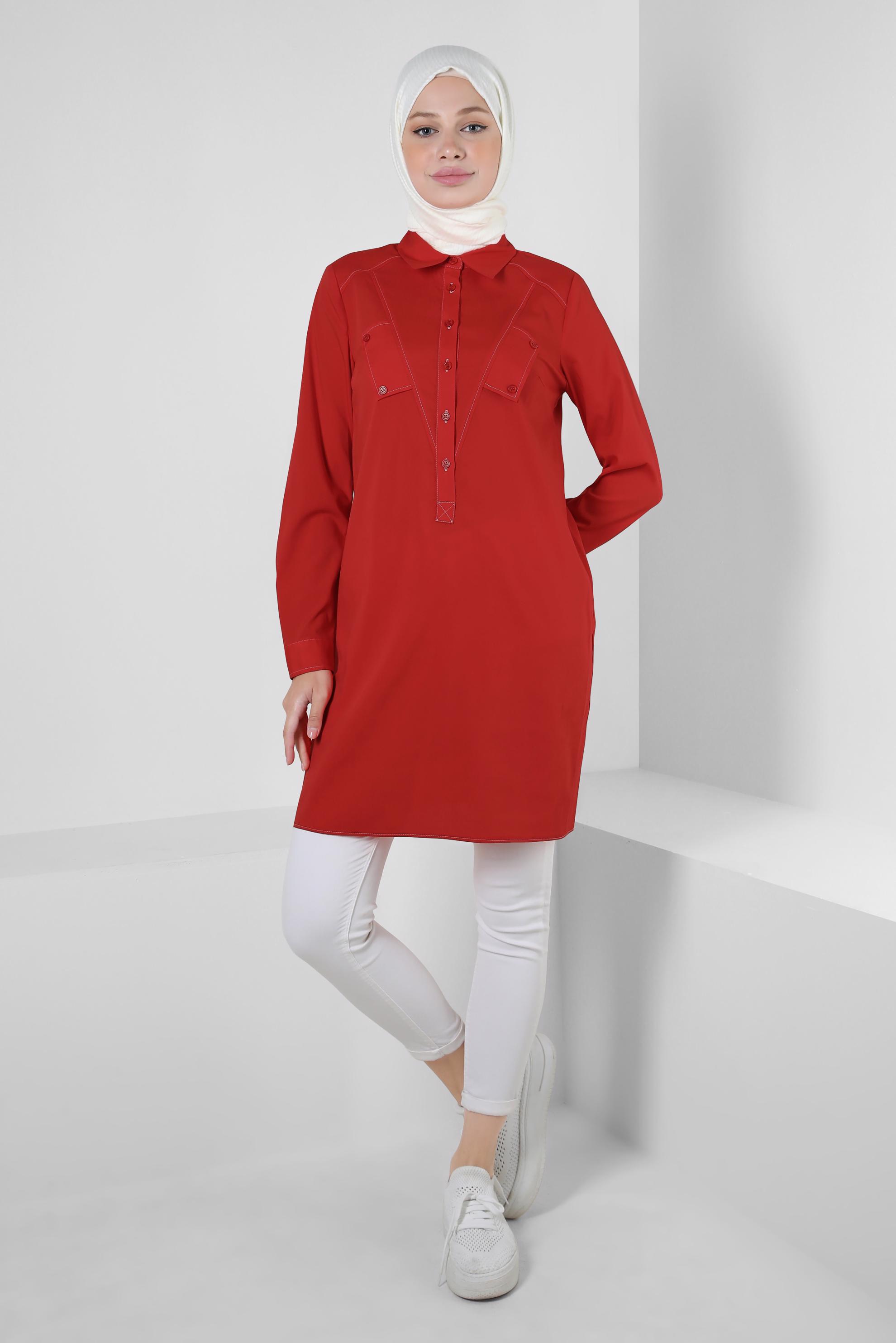 Tesettür giyim KIRMIZI GÖMLEK YAKA DÜĞMELİ TUNİK 43826