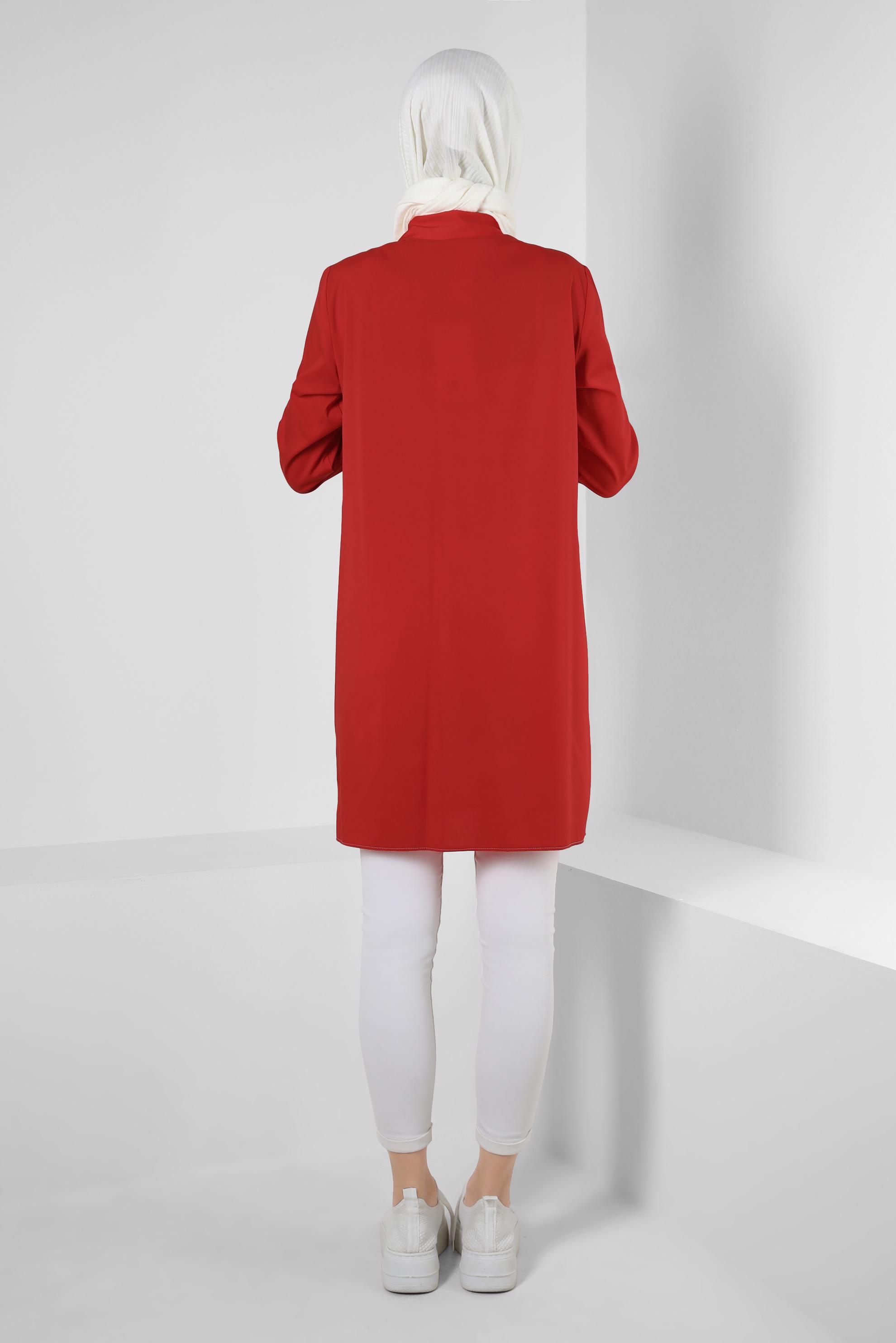 Tesettür giyim KIRMIZI GÖMLEK YAKA DÜĞMELİ TUNİK 43826