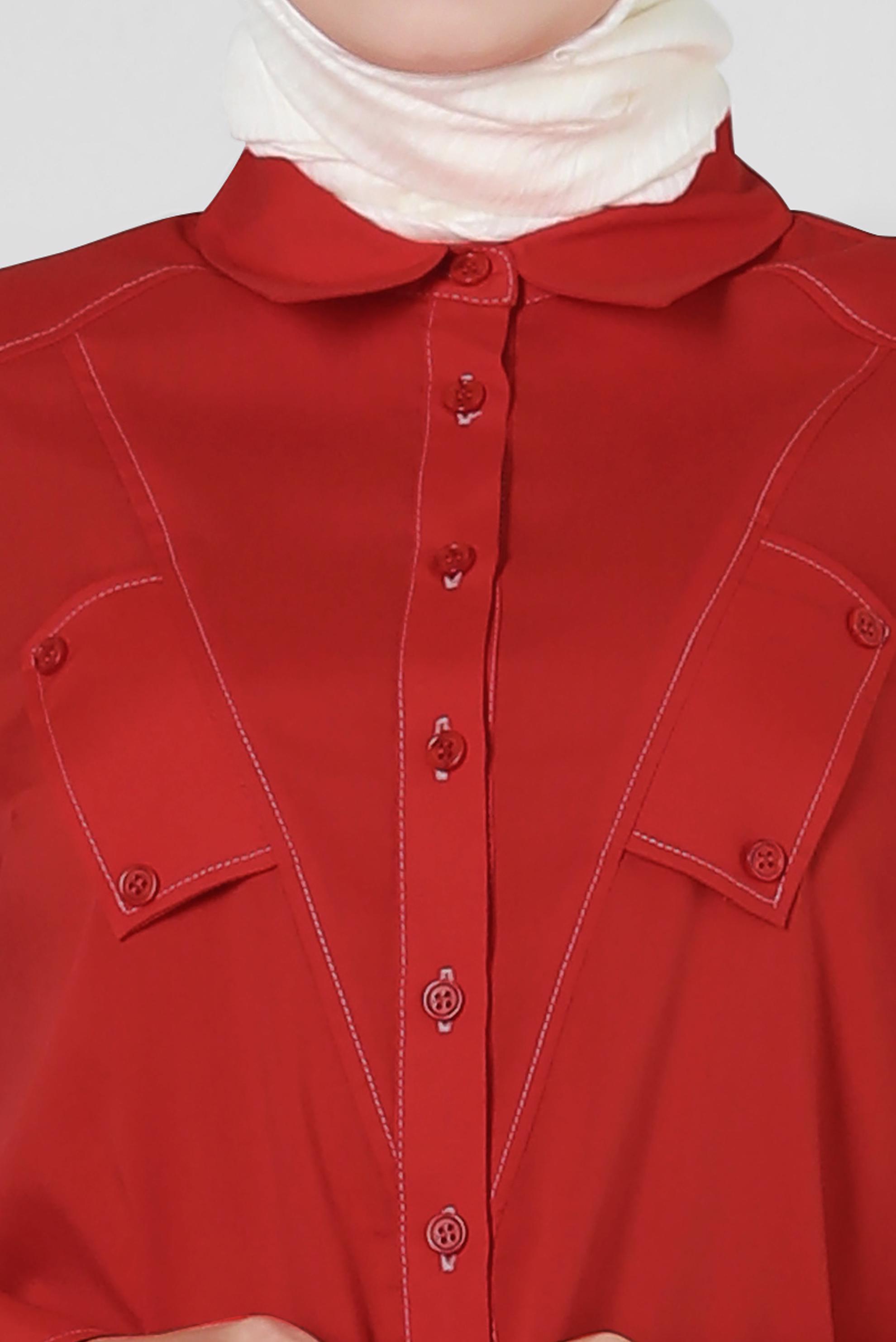 Tesettür giyim KIRMIZI GÖMLEK YAKA DÜĞMELİ TUNİK 43826