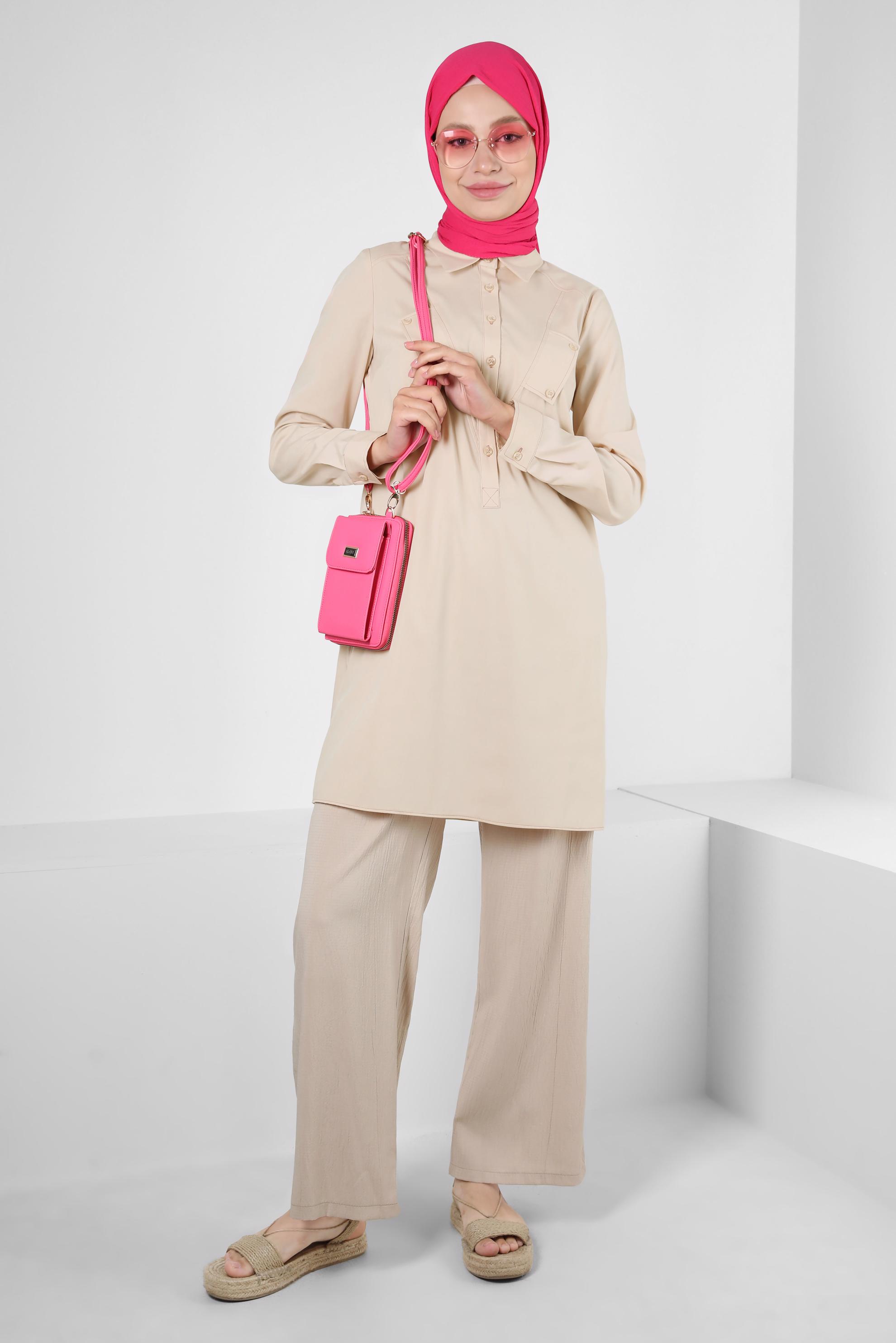 Tesettür giyim BEJ GÖMLEK YAKA DÜĞMELİ TUNİK 43826