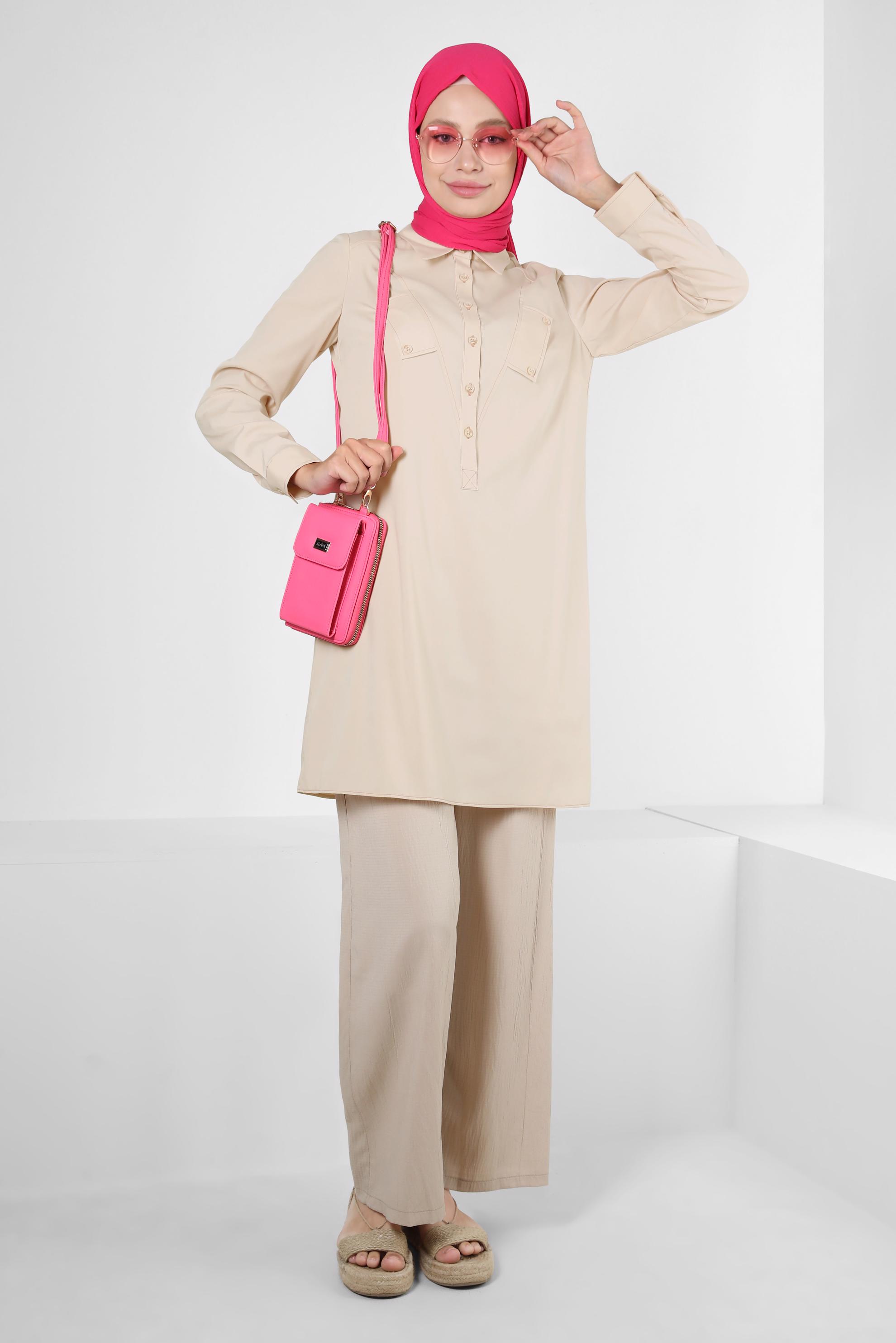 Tesettür giyim BEJ GÖMLEK YAKA DÜĞMELİ TUNİK 43826